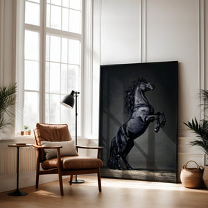 Majestic Black Horse Framed Canvas Wall Art, Rearing Stallion Print, Luxury Equestrian Decor, Dark Horse Artwork