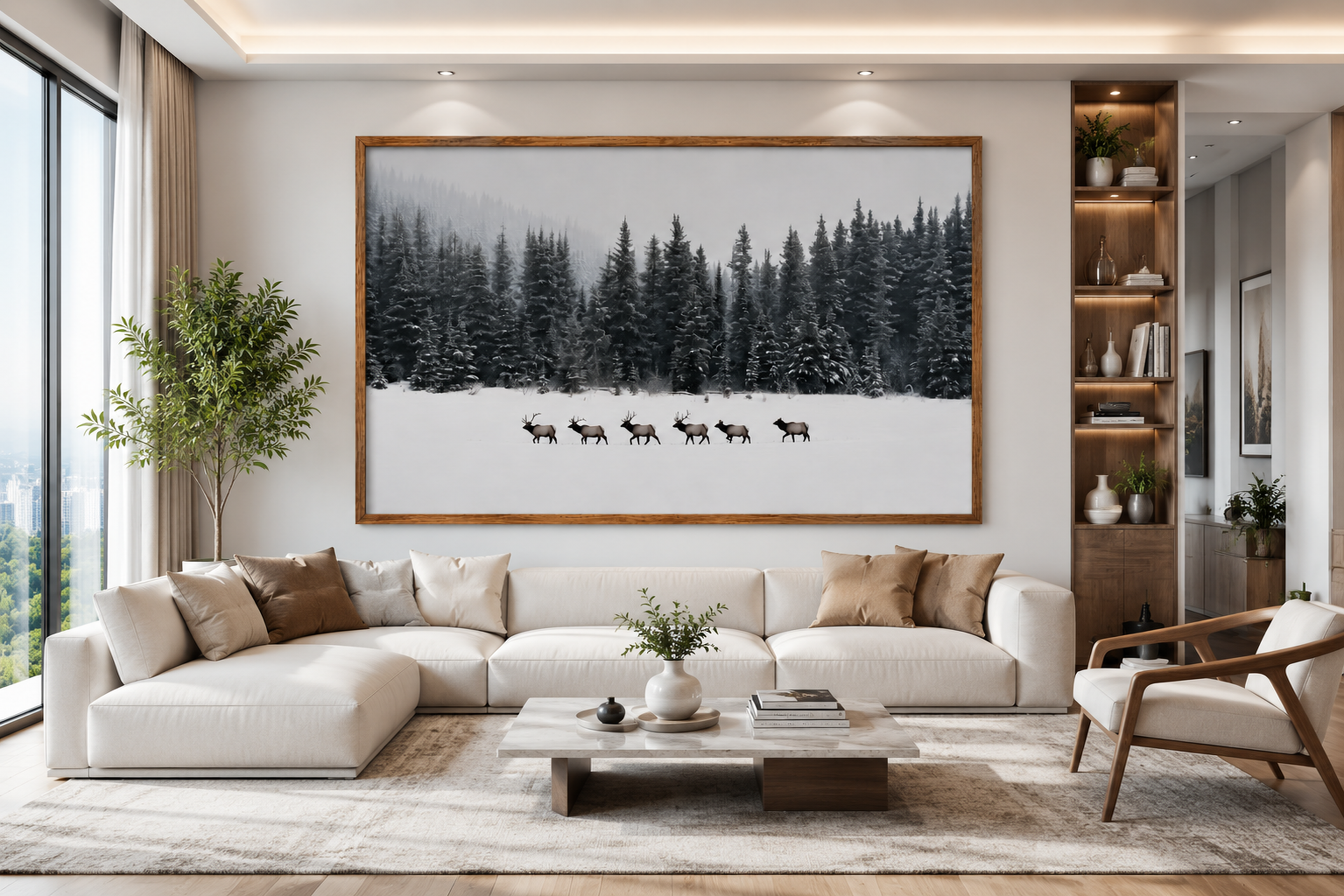 Elk Framed Canvas Wall Art, Winter Forest Wildlife Print, Rustic Lodge Decor