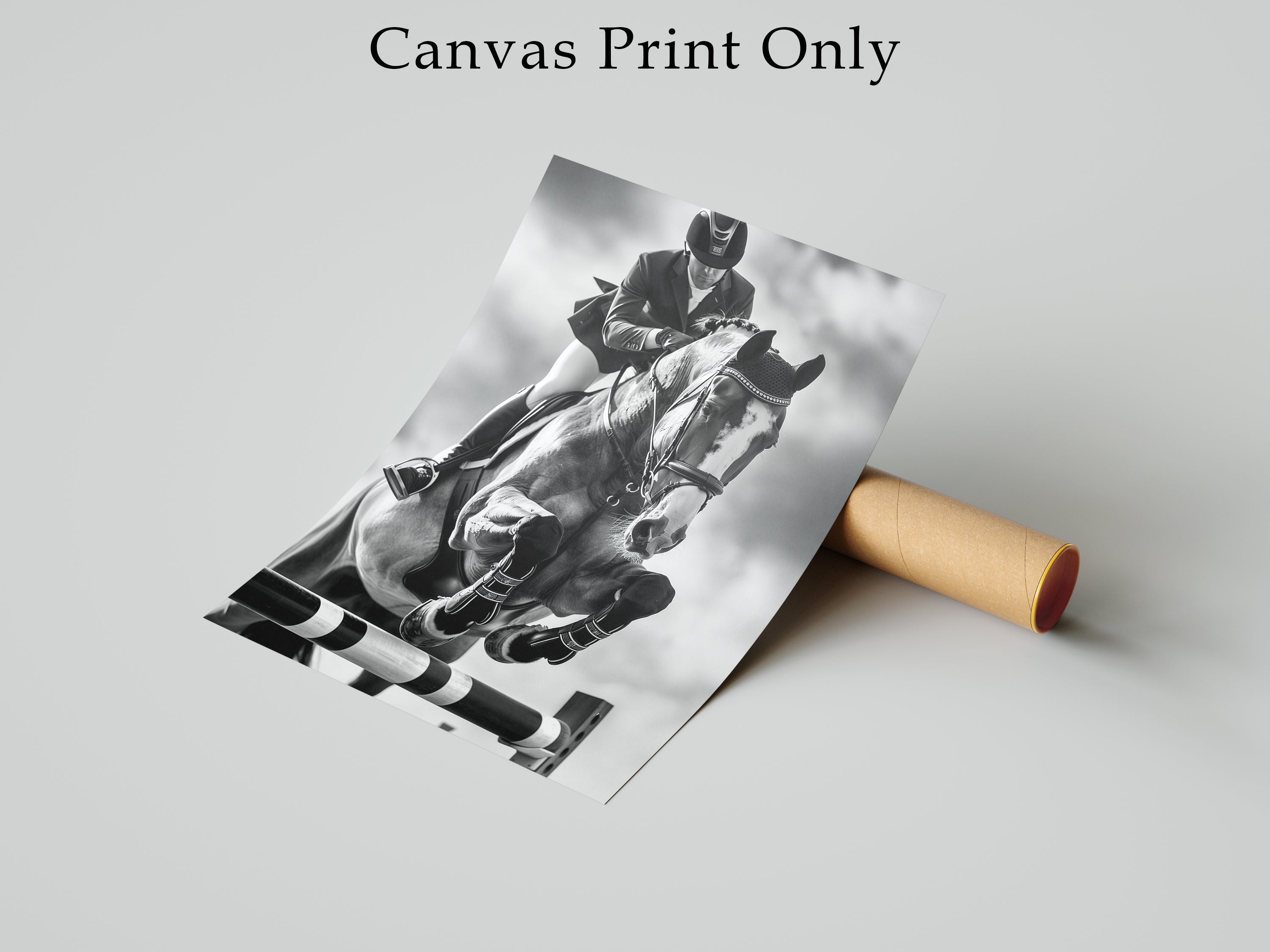 Equestrian Framed Canvas Wall Art, Black and White Horse Jumping Print, Show Jumping Photography, Luxury Horse Decor