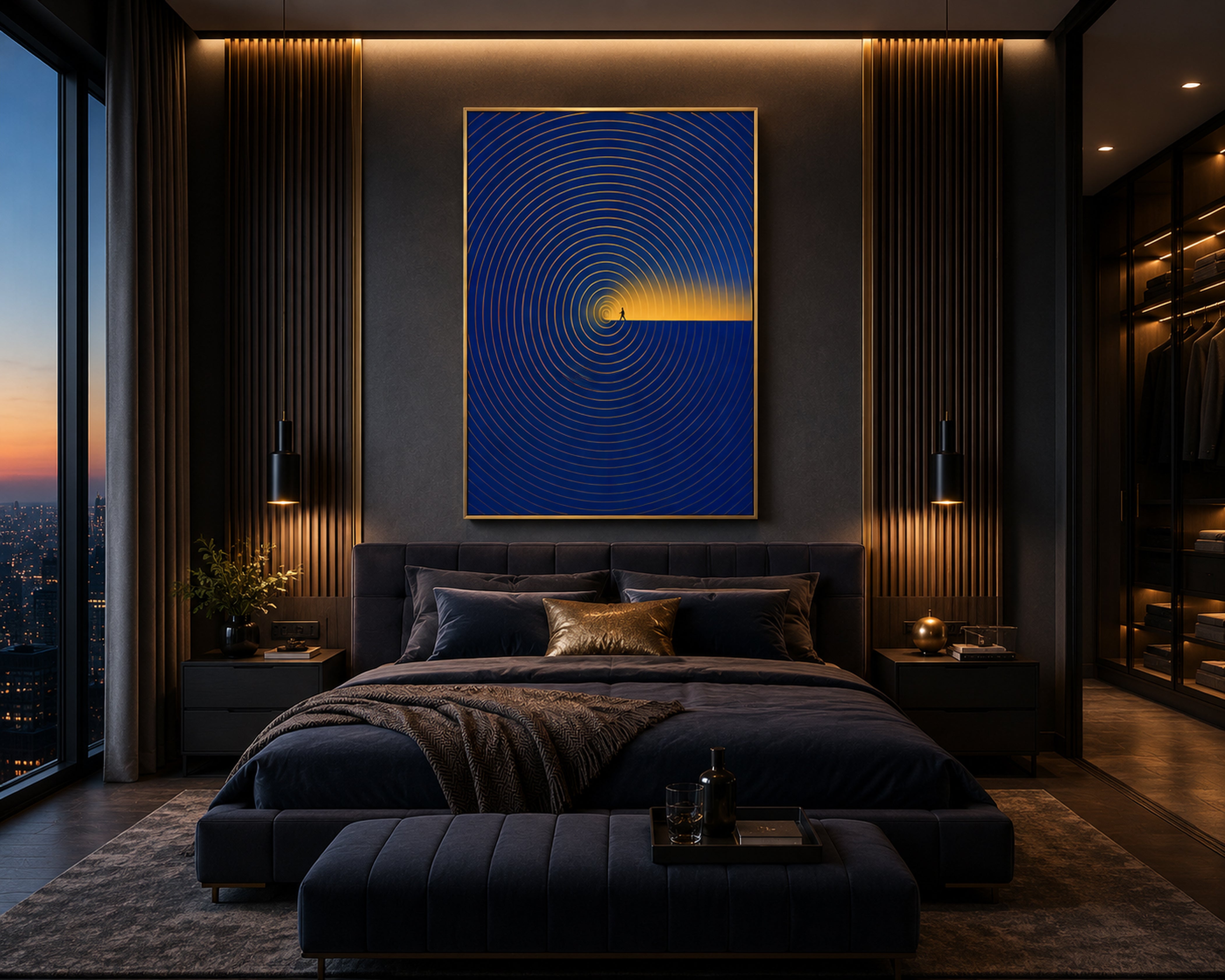 Luxury Blue and Gold Wall Art, Abstract Framed Canvas Print, Modern Minimalist Decor, Contemporary Office Artwork, Inspirational Wall Art