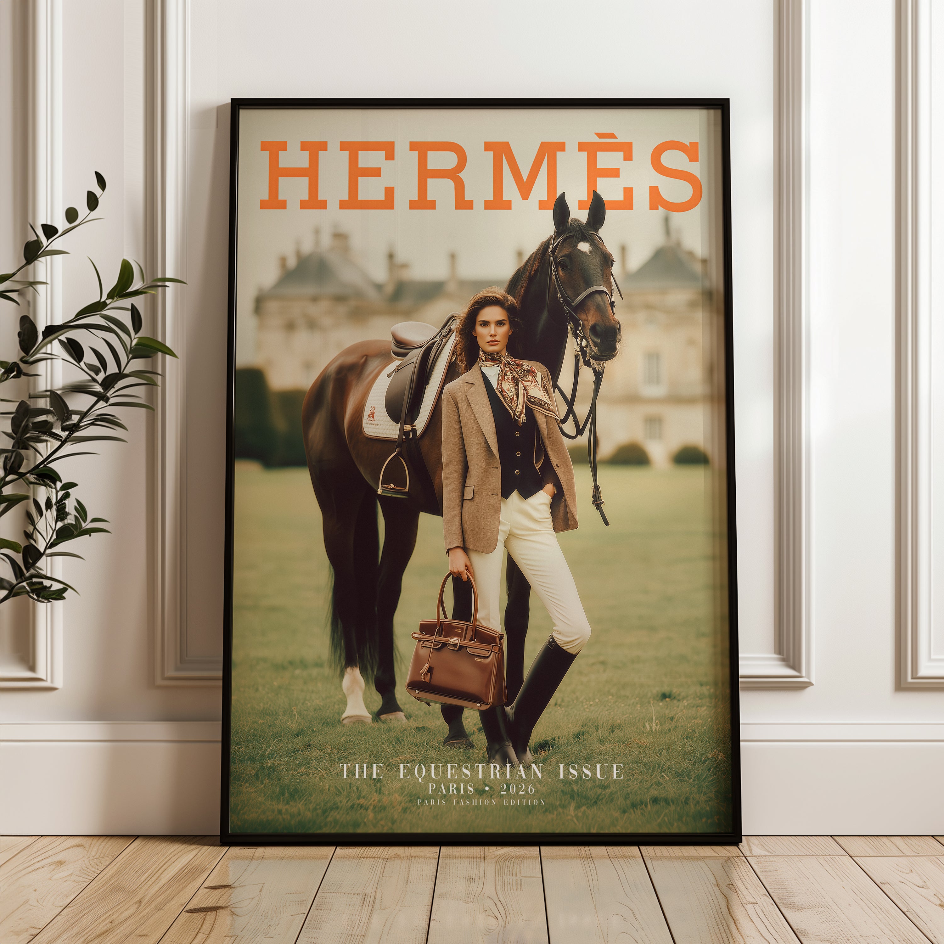 Luxury Equestrian Fashion Wall Art, Hermes Style Framed Canvas, Old Money Horse Decor, Parisian Chic Interior Artwork