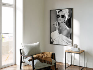 Audrey Hepburn Wall Art Framed Canvas, Black and White Glamour Print, Luxury Fashion Bathroom Decor, Old Hollywood Vanity Art