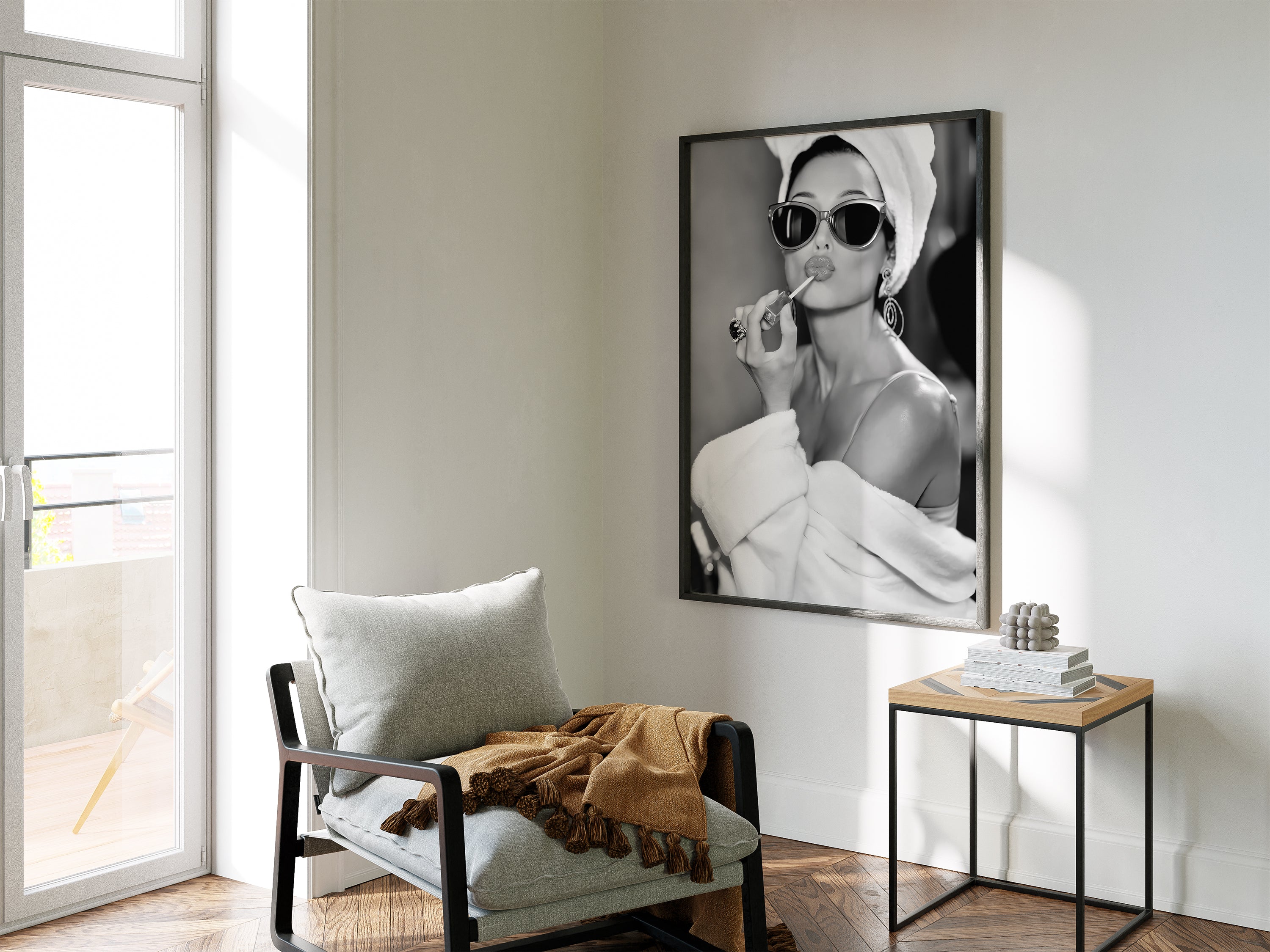 Audrey Hepburn Wall Art Framed Canvas, Black and White Glamour Print, Luxury Fashion Bathroom Decor, Old Hollywood Vanity Art