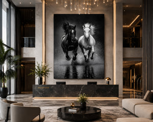 Black and White Horse Framed Canvas, Running Horses Wall Art, Equestrian Photography Print, Modern Western Decor