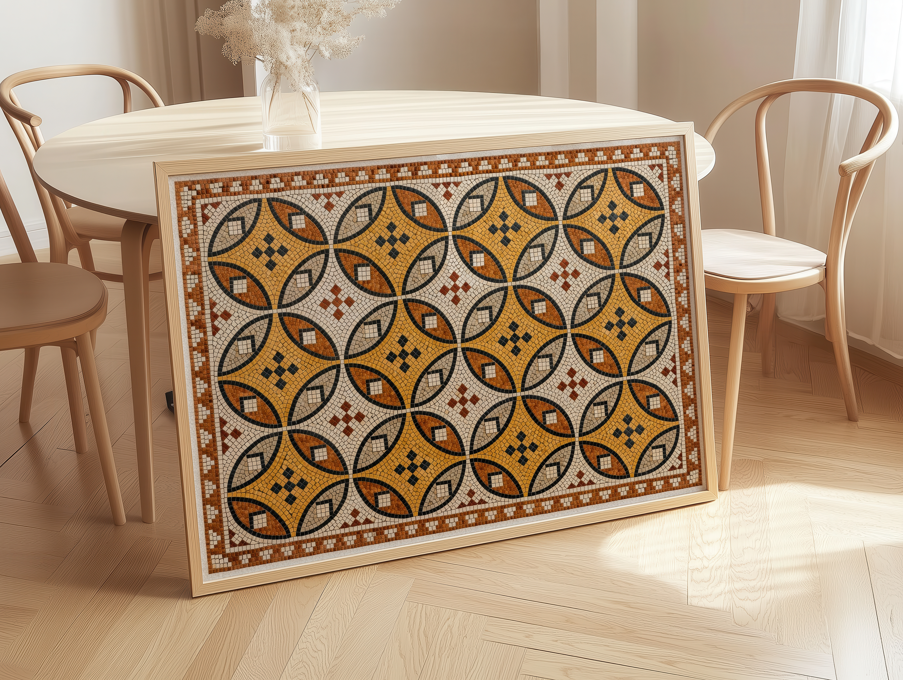 Ancient Roman Mosaic Framed Canvas, Vintage Mosaic Wall Art Framed Canvas, Mediterranean Tile Pattern Print, Terracotta Geometric Wall Decor