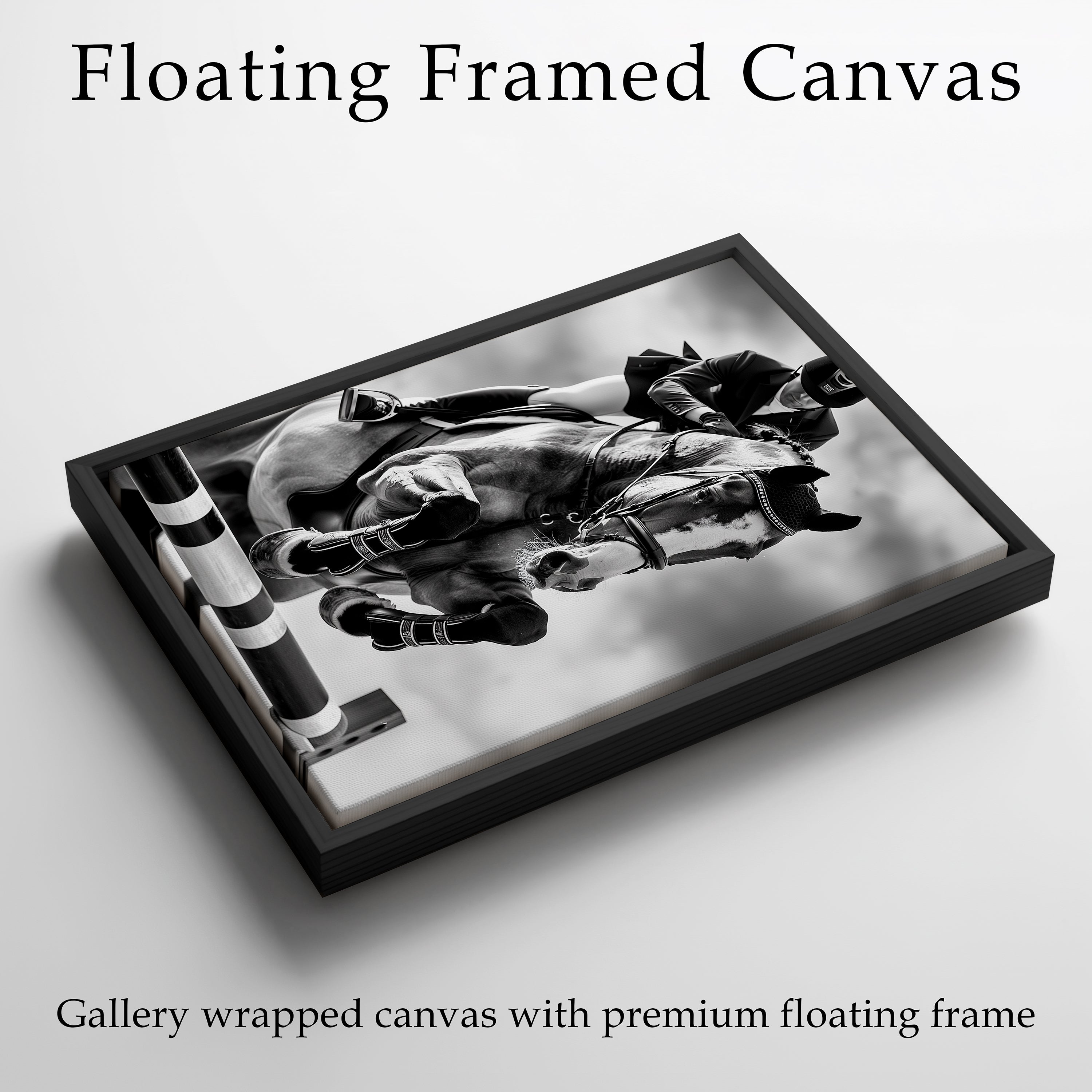 Equestrian Framed Canvas Wall Art, Black and White Horse Jumping Print, Show Jumping Photography, Luxury Horse Decor