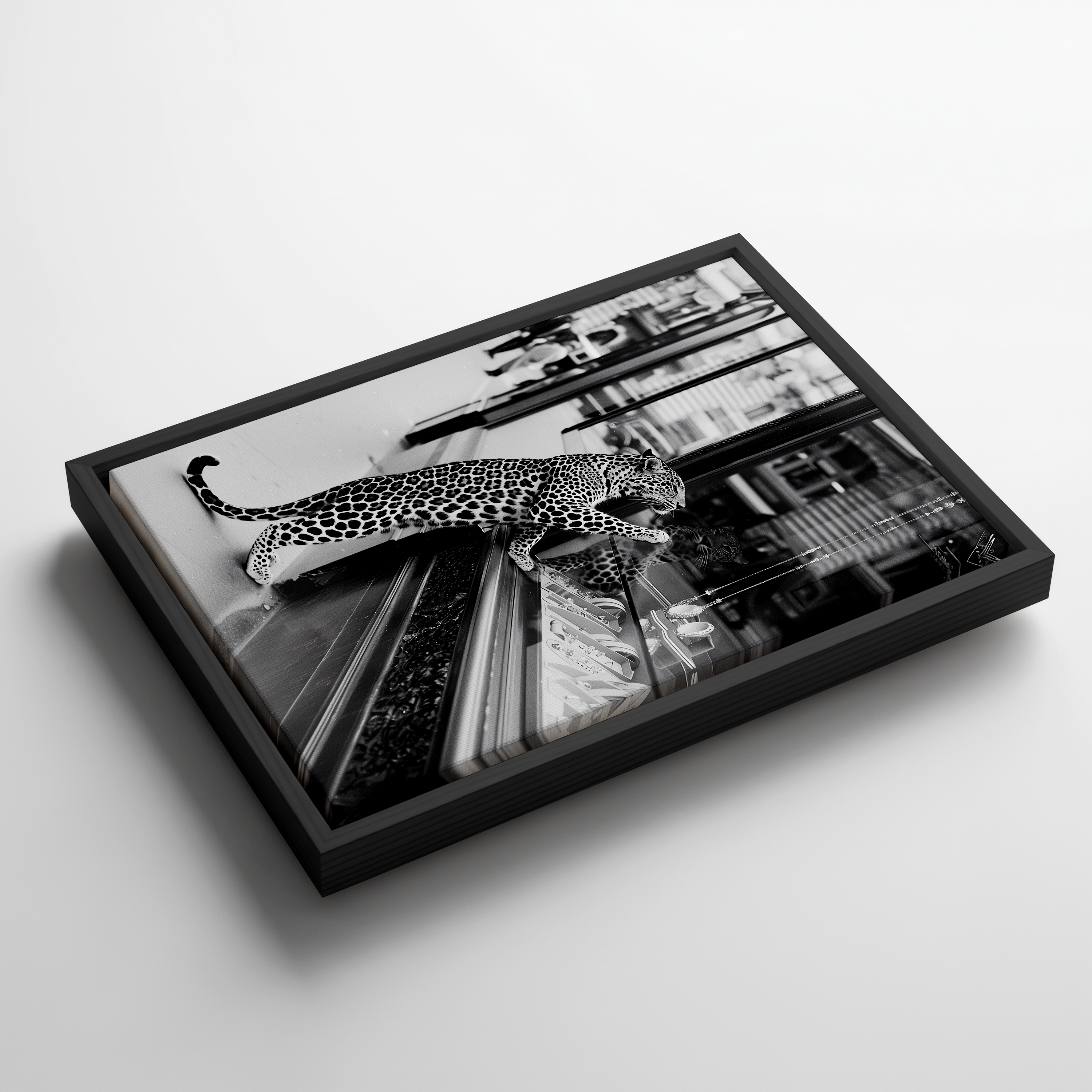 Leopard Wall Art Framed Canvas, Black and White Wildlife Photography, Luxury Fashion Street Decor, Modern Monochrome Home Artwork