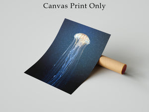 Large Jellyfish Framed Canvas Wall Art, Bioluminescent Ocean Print, Luxury Coastal Decor, Blue Underwater Sea Life Artwork
