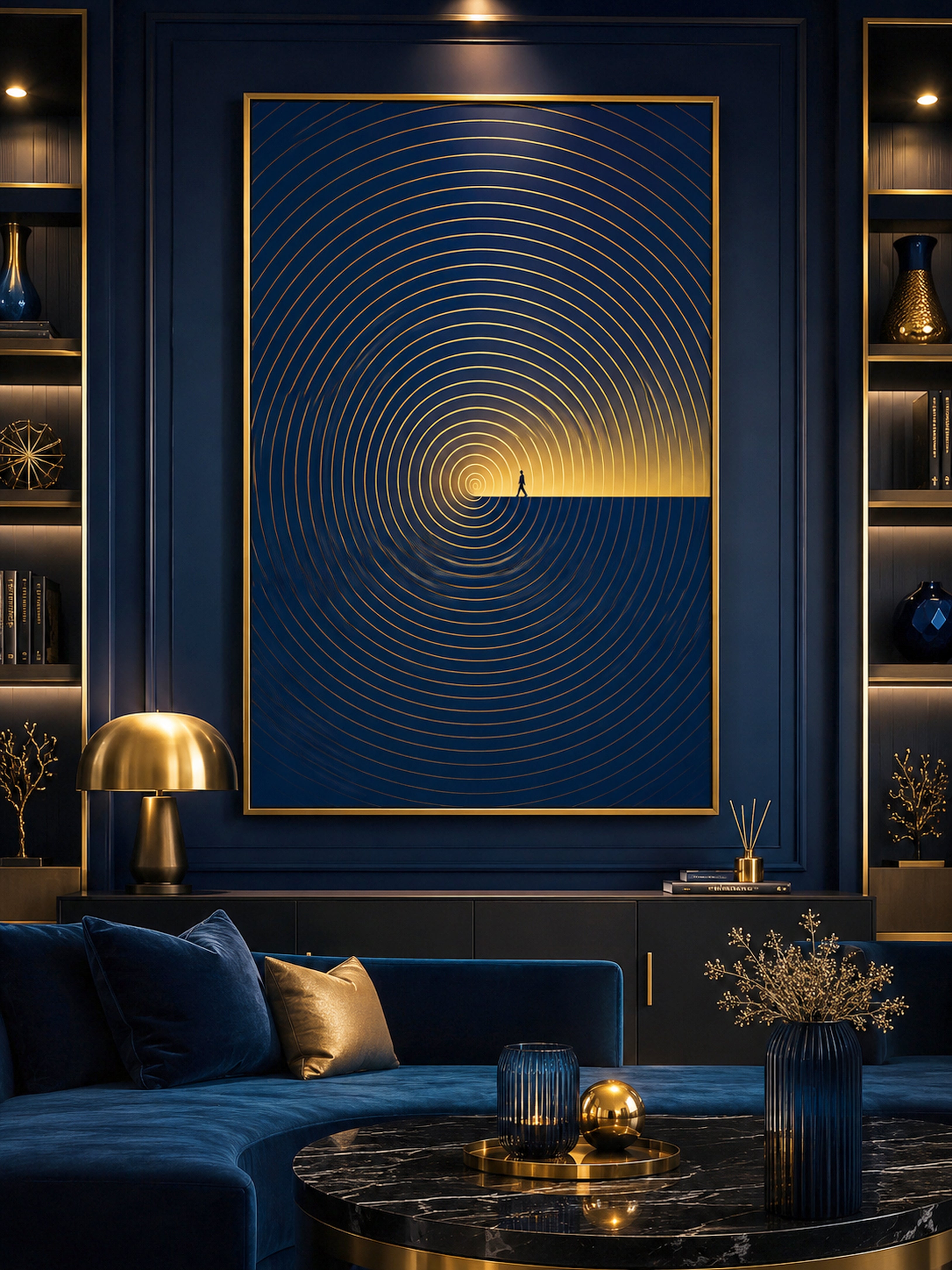 Luxury Blue and Gold Wall Art, Abstract Framed Canvas Print, Modern Minimalist Decor, Contemporary Office Artwork, Inspirational Wall Art