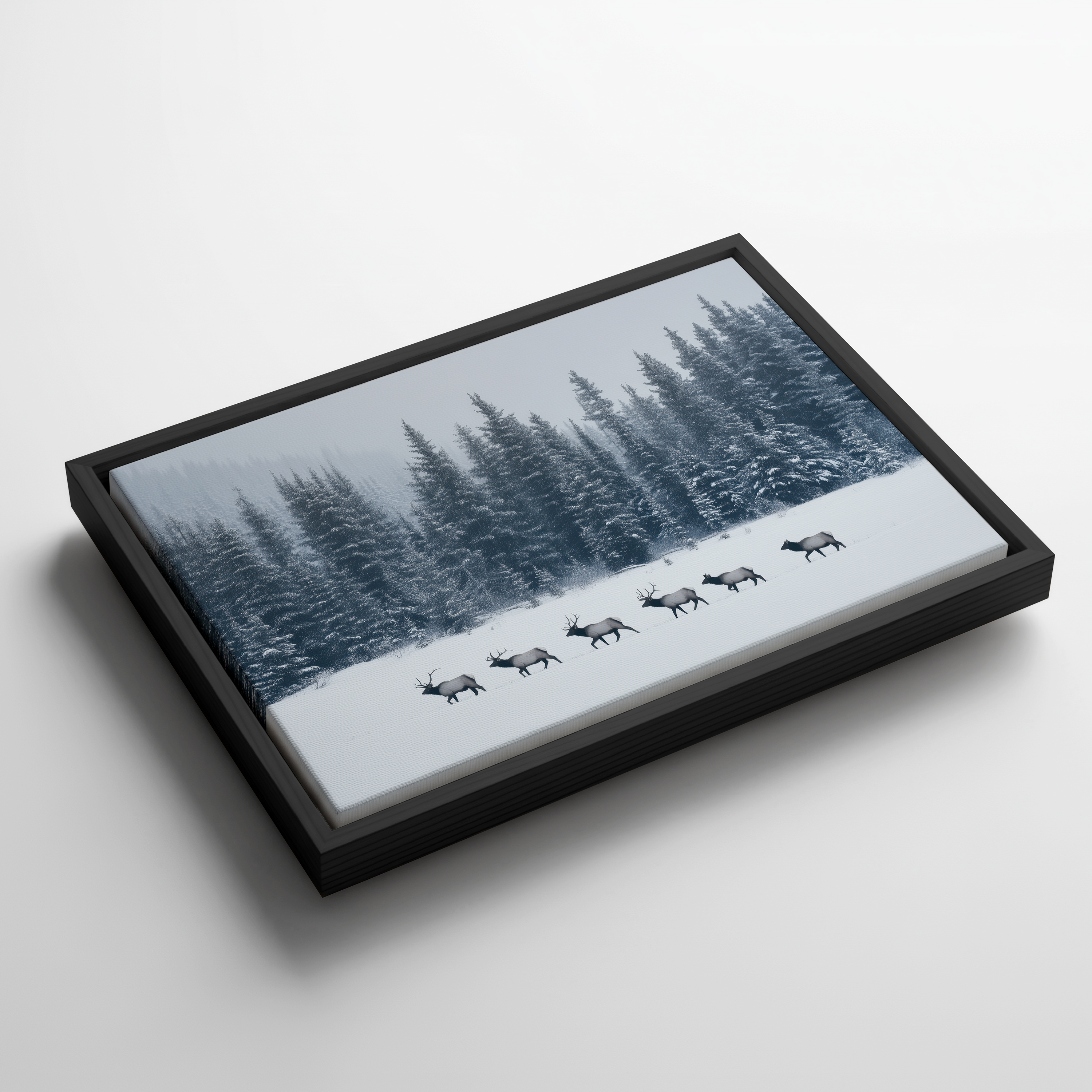 Elk Framed Canvas Wall Art, Winter Forest Wildlife Print, Rustic Lodge Decor