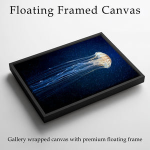 Large Jellyfish Framed Canvas Wall Art, Bioluminescent Ocean Print, Luxury Coastal Decor, Blue Underwater Sea Life Artwork