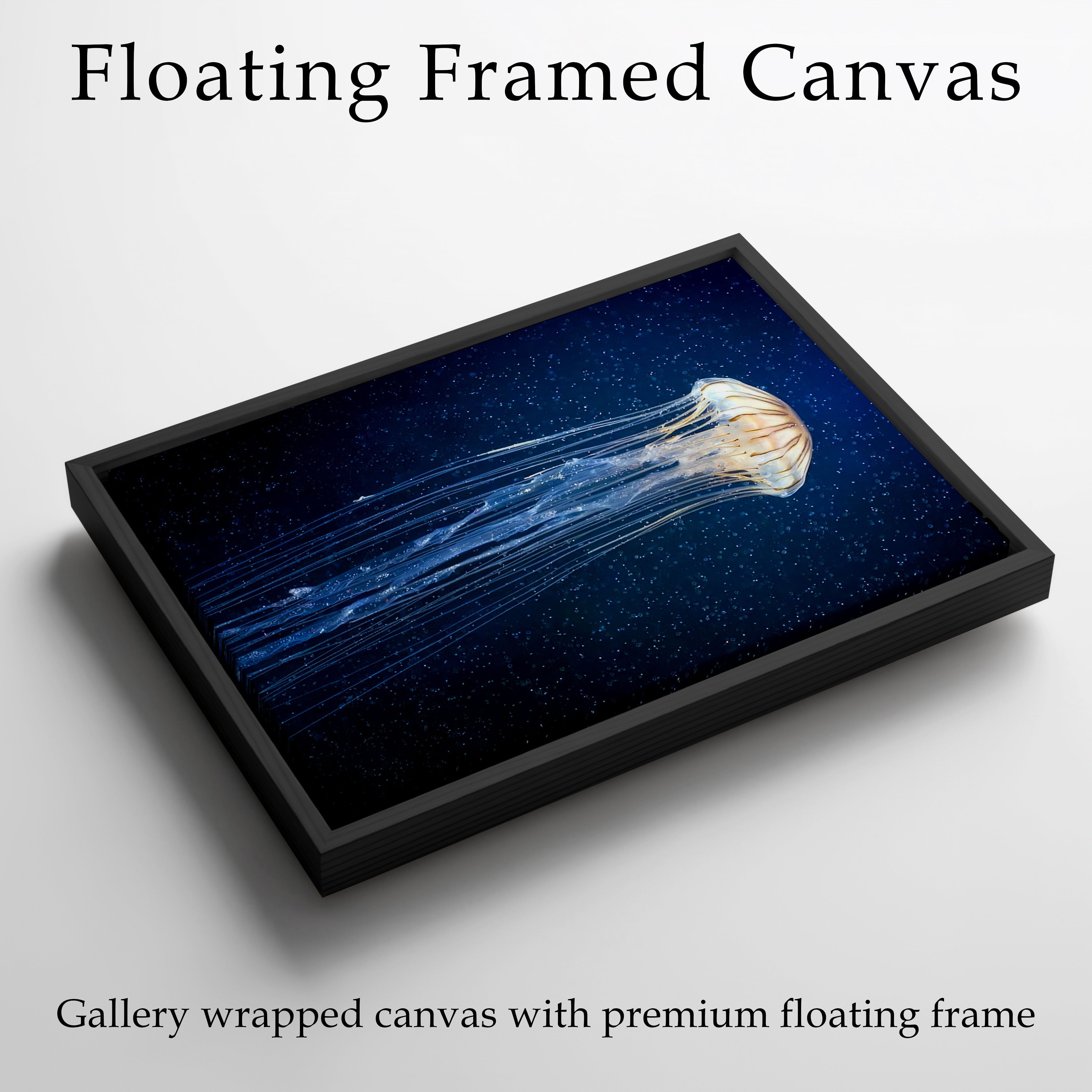 Large Jellyfish Framed Canvas Wall Art, Bioluminescent Ocean Print, Luxury Coastal Decor, Blue Underwater Sea Life Artwork