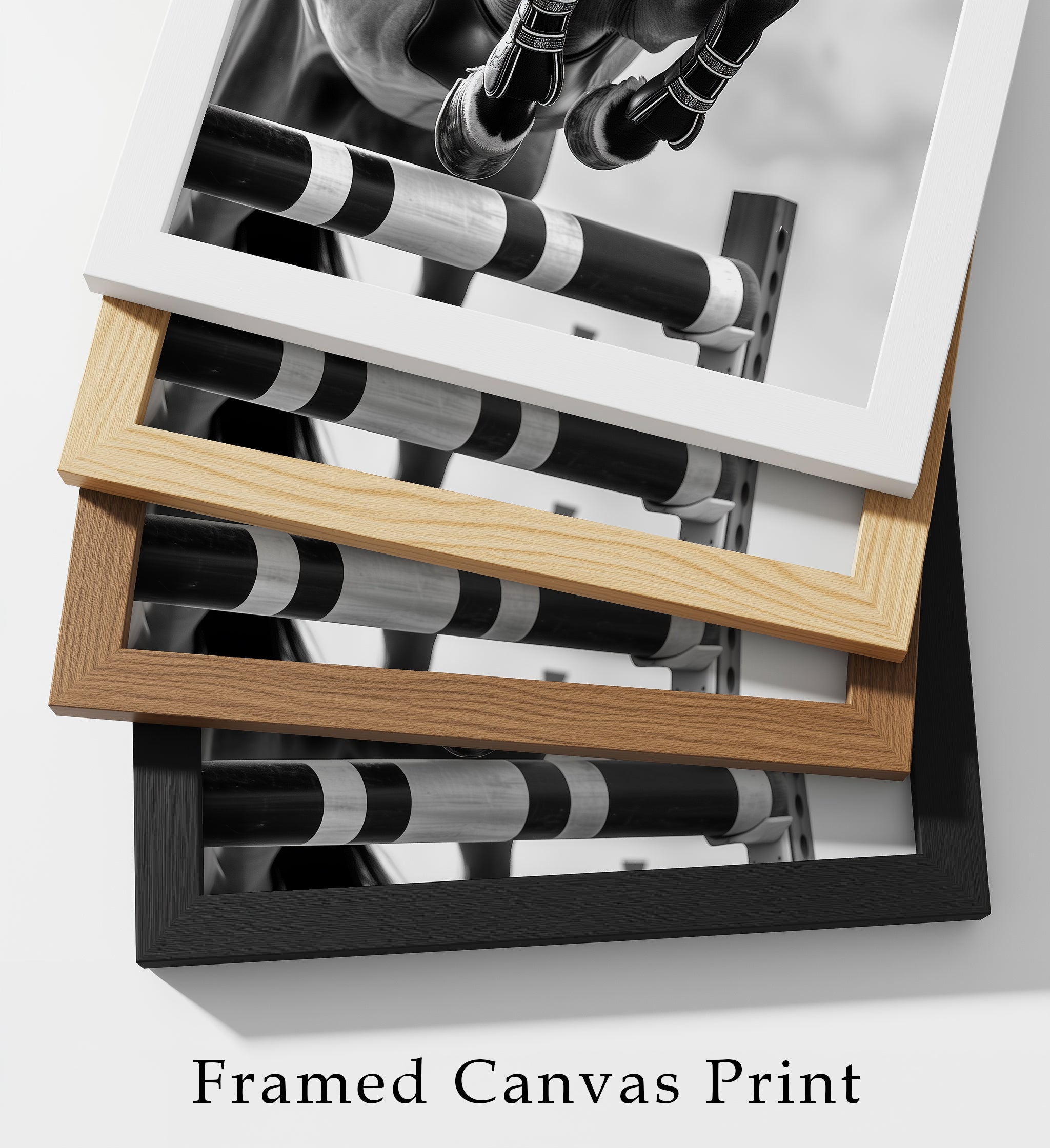 Equestrian Framed Canvas Wall Art, Black and White Horse Jumping Print, Show Jumping Photography, Luxury Horse Decor