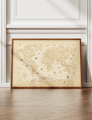 Vintage World Map Framed Canvas, Antique Map Wall Art, Old World Travel Print