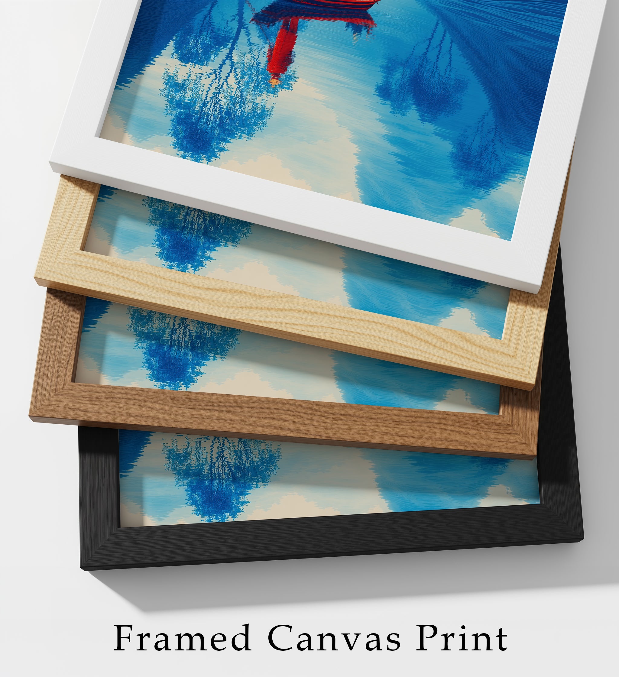 Blue Mountain Canvas Wall Art, Framed Japandi Landscape Print, Red Boat Zen Artwork, Luxury Asian Wall Decor, Modern Living Room Art