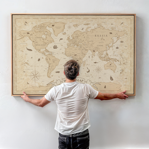 Vintage World Map Framed Canvas, Antique Map Wall Art, Old World Travel Print