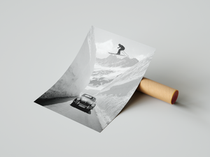 Alpine Ski Wall Art, Black and White Ski Poster, Vintage Car Mountain Print, Framed Canvas Wall Decor, Luxury Ski Lodge Artwork