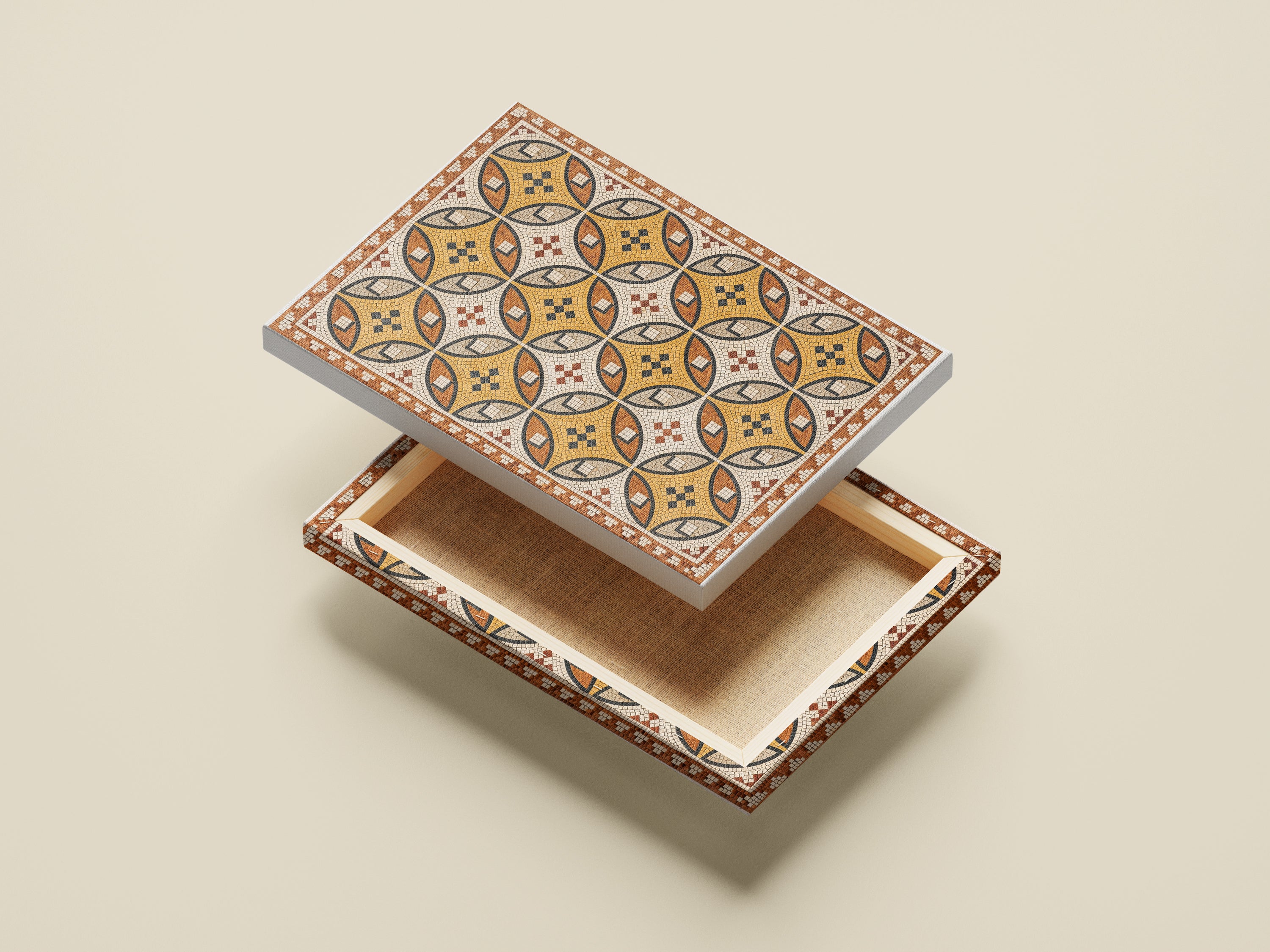 Ancient Roman Mosaic Framed Canvas, Vintage Mosaic Wall Art Framed Canvas, Mediterranean Tile Pattern Print, Terracotta Geometric Wall Decor