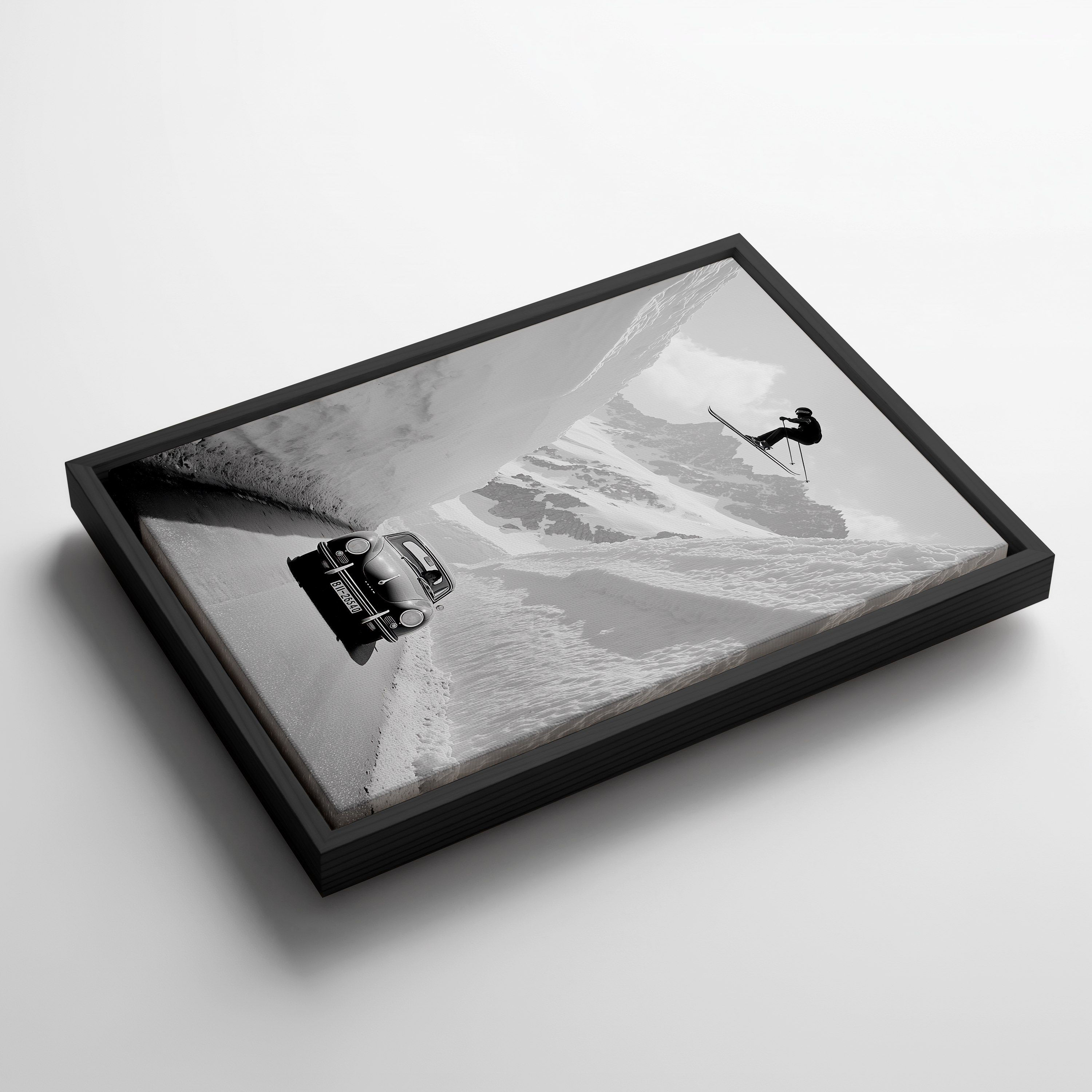 Alpine Ski Wall Art, Black and White Ski Poster, Vintage Car Mountain Print, Framed Canvas Wall Decor, Luxury Ski Lodge Artwork