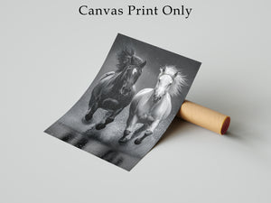 Black and White Horse Framed Canvas, Running Horses Wall Art, Equestrian Photography Print, Modern Western Decor