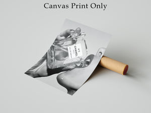 Channel Inspired Luxury Perfume Wall Art Framed Canvas, Black and White Fashion Print, Chic Vanity Bathroom Decor