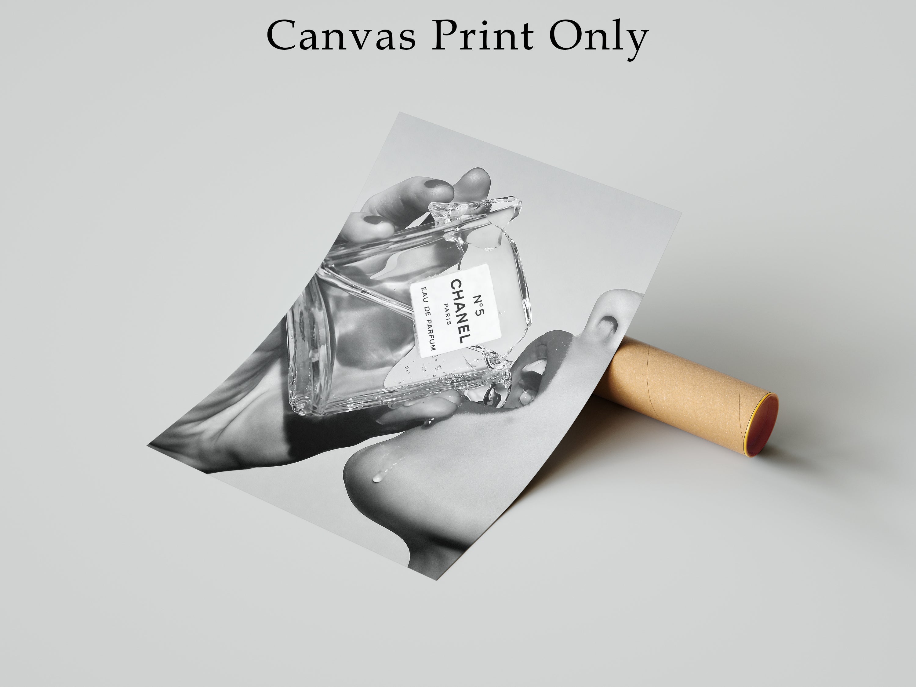 Channel Inspired Luxury Perfume Wall Art Framed Canvas, Black and White Fashion Print, Chic Vanity Bathroom Decor
