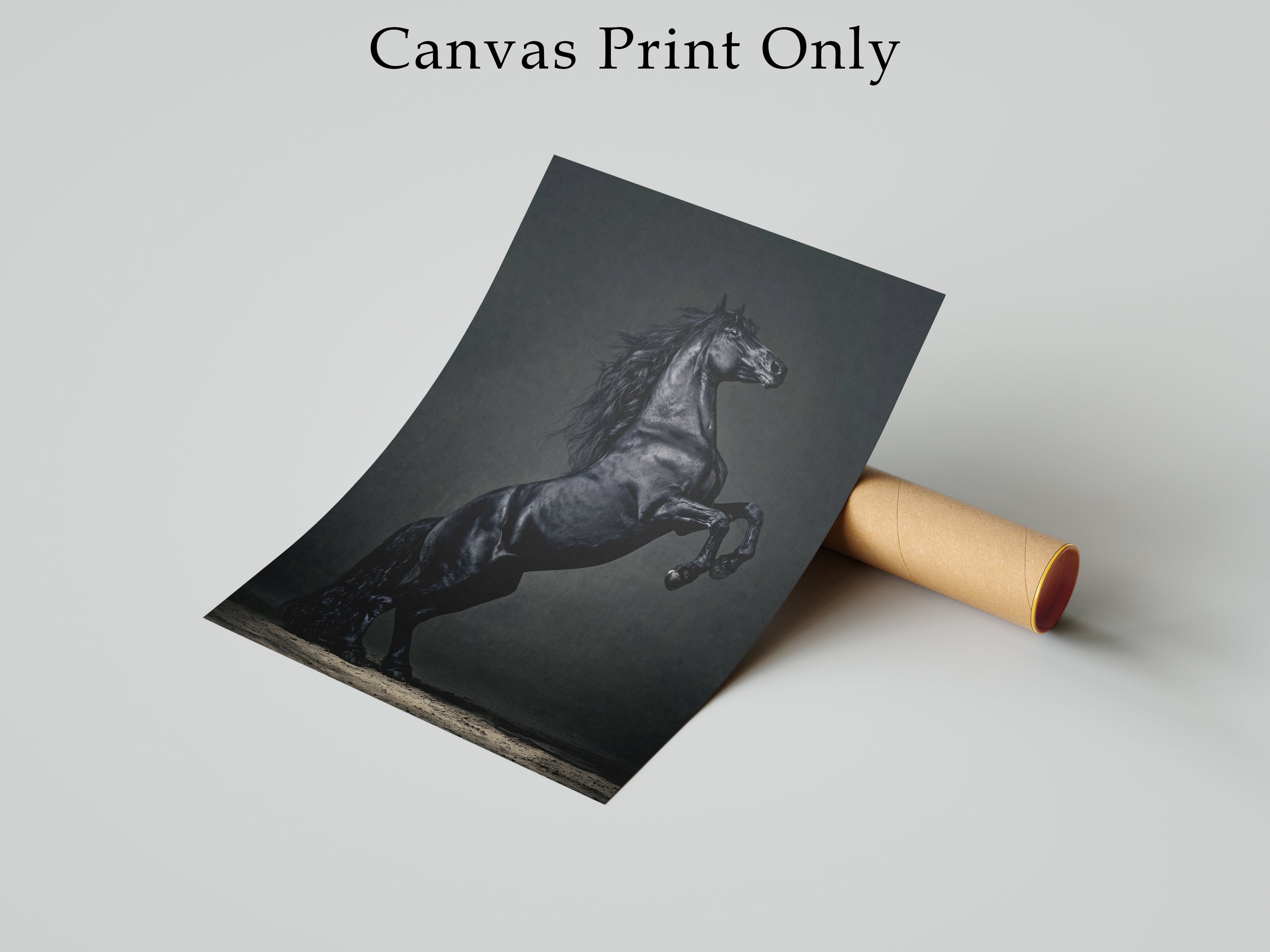 Majestic Black Horse Framed Canvas Wall Art, Rearing Stallion Print, Luxury Equestrian Decor, Dark Horse Artwork