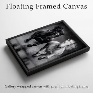 Black and White Horse Framed Canvas, Running Horses Wall Art, Equestrian Photography Print, Modern Western Decor