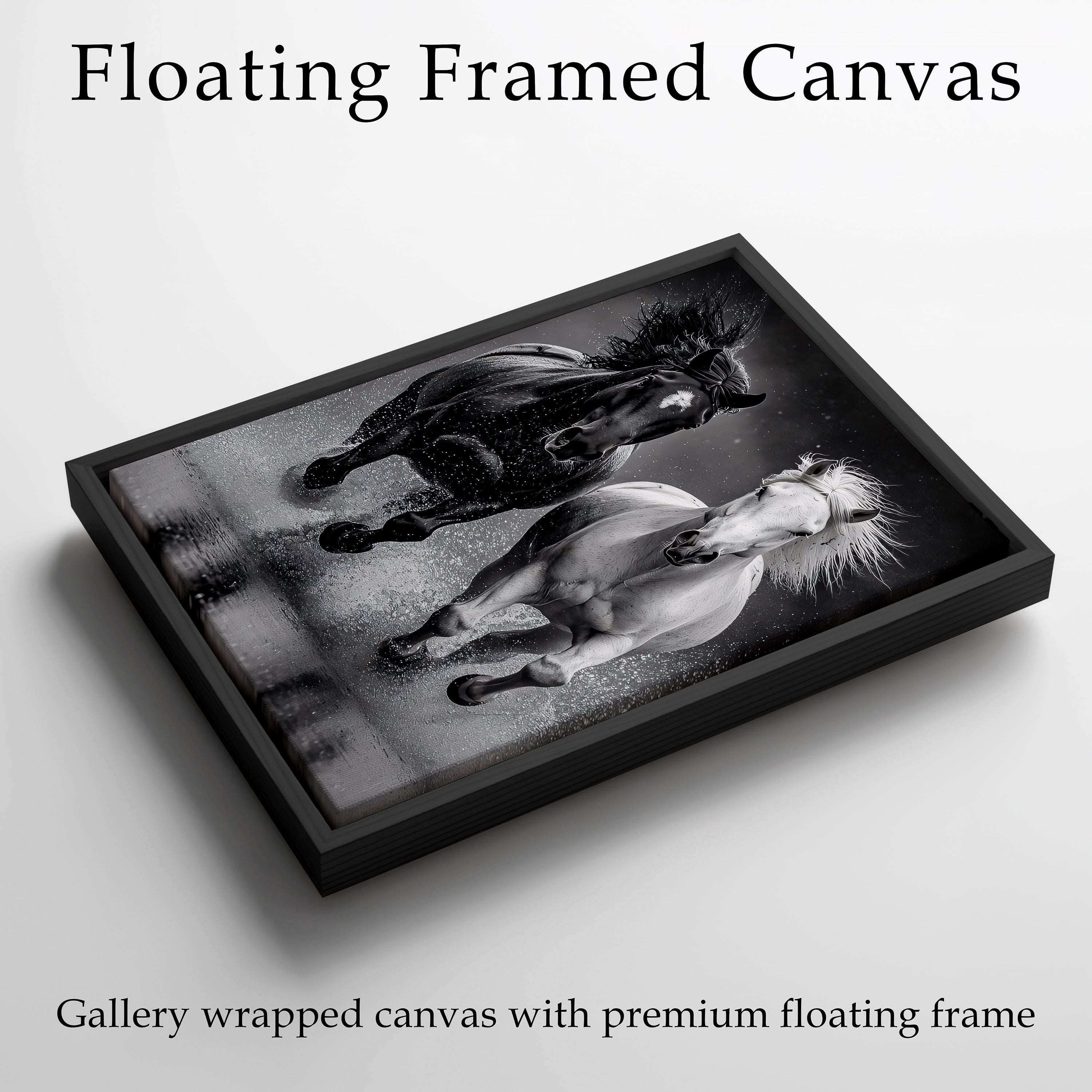 Black and White Horse Framed Canvas, Running Horses Wall Art, Equestrian Photography Print, Modern Western Decor