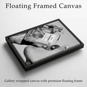 Channel Inspired Luxury Perfume Wall Art Framed Canvas, Black and White Fashion Print, Chic Vanity Bathroom Decor