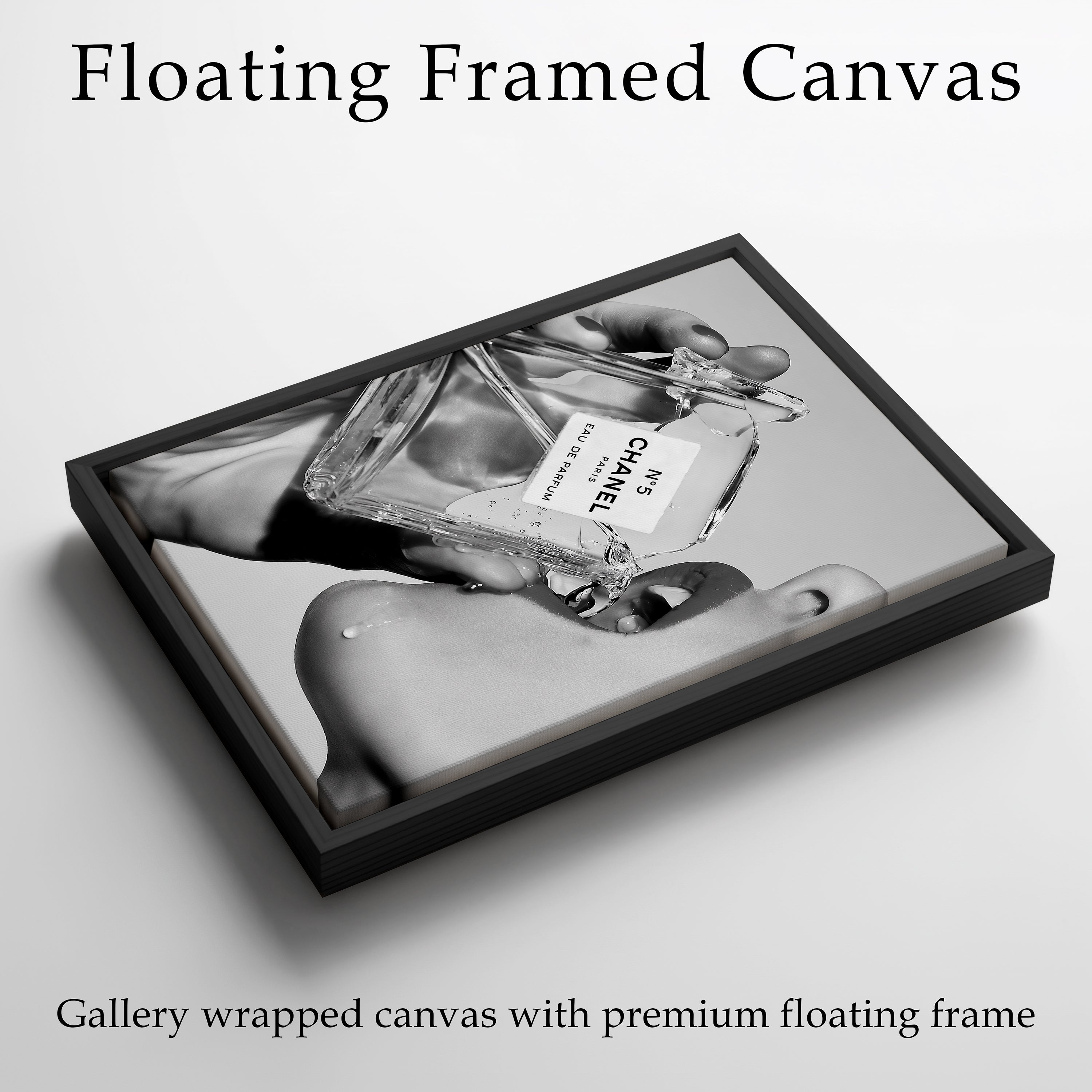 Channel Inspired Luxury Perfume Wall Art Framed Canvas, Black and White Fashion Print, Chic Vanity Bathroom Decor