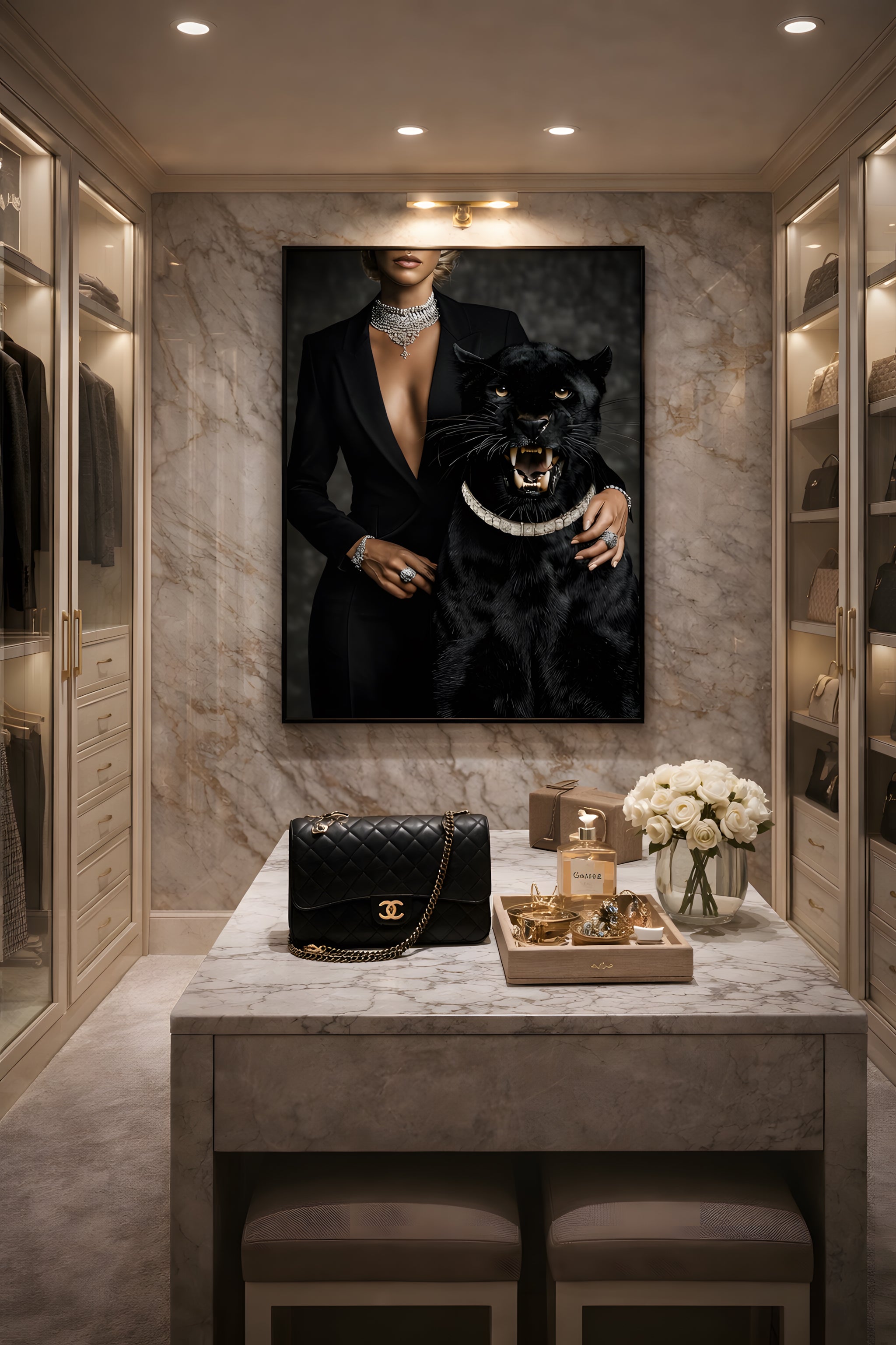 Black Panther Framed Canvas Wall Art, Luxury Fashion Portrait Print, Dark Glam Animal Decor, Modern Statement Artwork