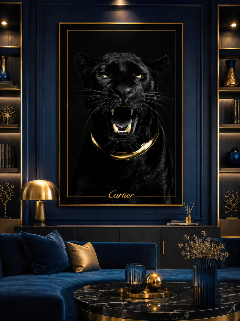 Luxury Black Panther Wall Art, Gold Framed Canvas Print, Cartier Style Decor, Quiet Luxury Animal Artwork, Modern Glam Wall Art