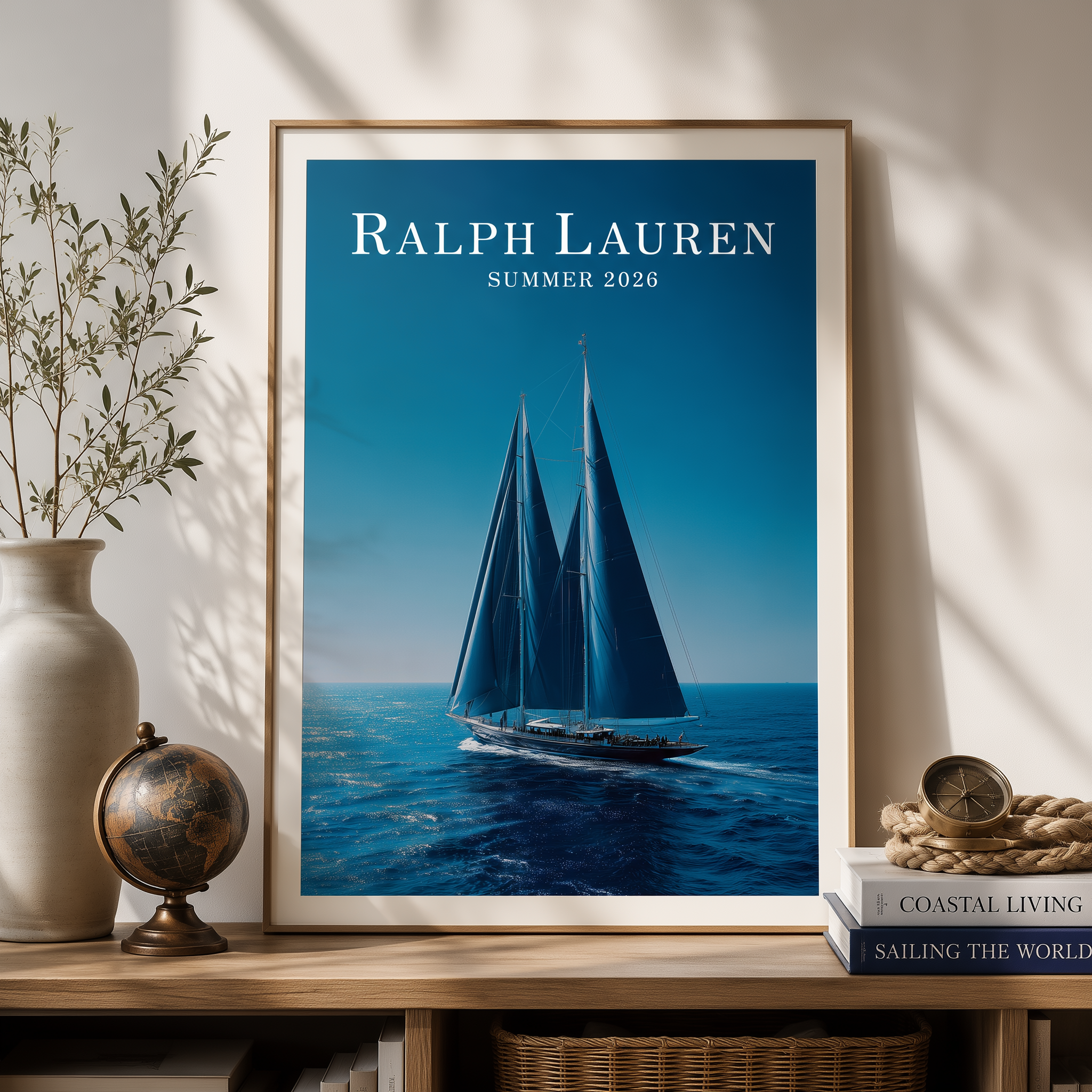 Ralph Lauren Style Sailboat Canvas Wall Art, Luxury Coastal Framed Print, Old Money Nautical Decor, Blue Yacht Poster