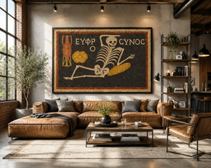 Ancient Roman Mosaic Framed Canvas, Skeleton Wine Wall Art, “Be Cheerful Enjoy Your Life” Decor