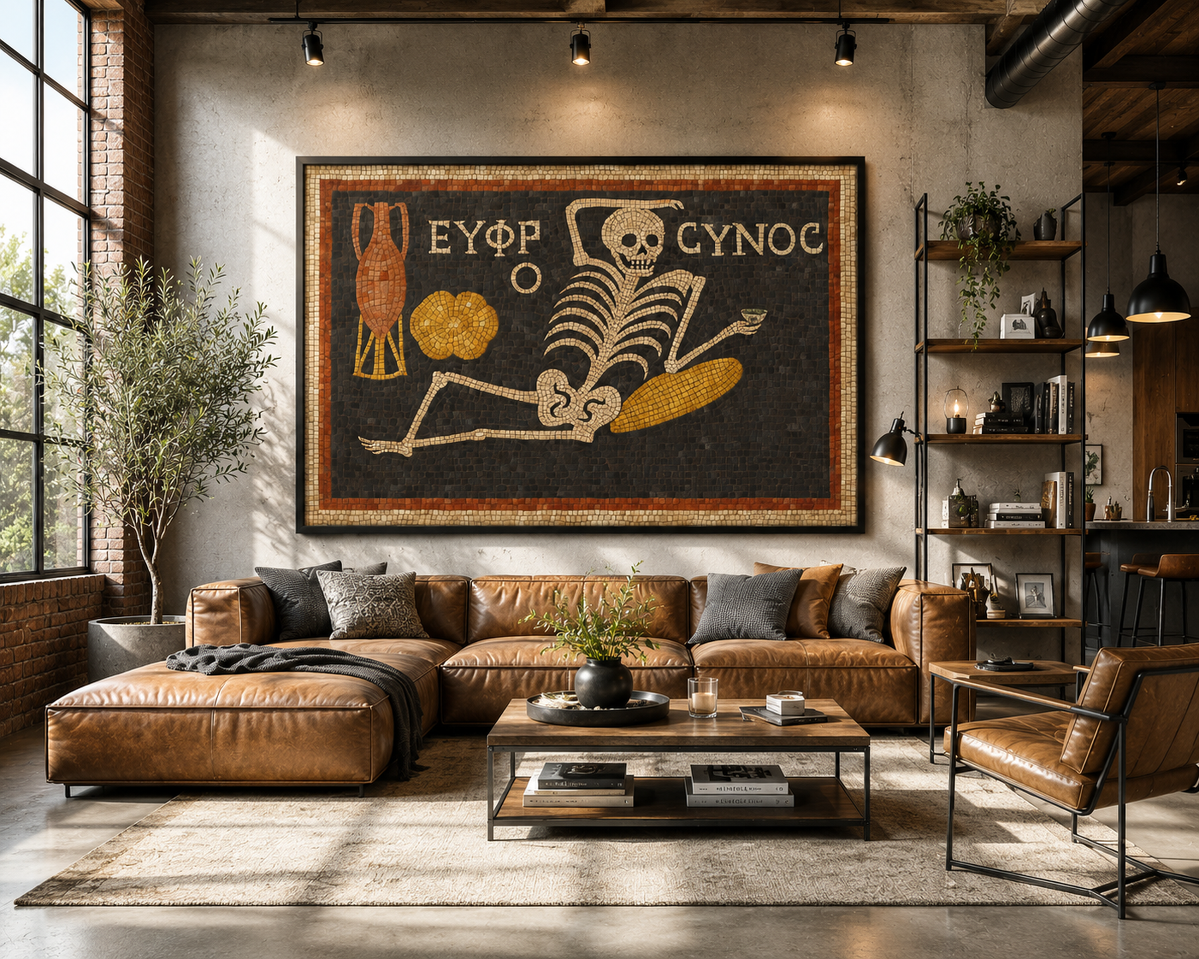 Ancient Roman Mosaic Framed Canvas, Skeleton Wine Wall Art, “Be Cheerful Enjoy Your Life” Decor