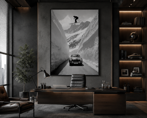 Alpine Ski Wall Art, Black and White Ski Poster, Vintage Car Mountain Print, Framed Canvas Wall Decor, Luxury Ski Lodge Artwork