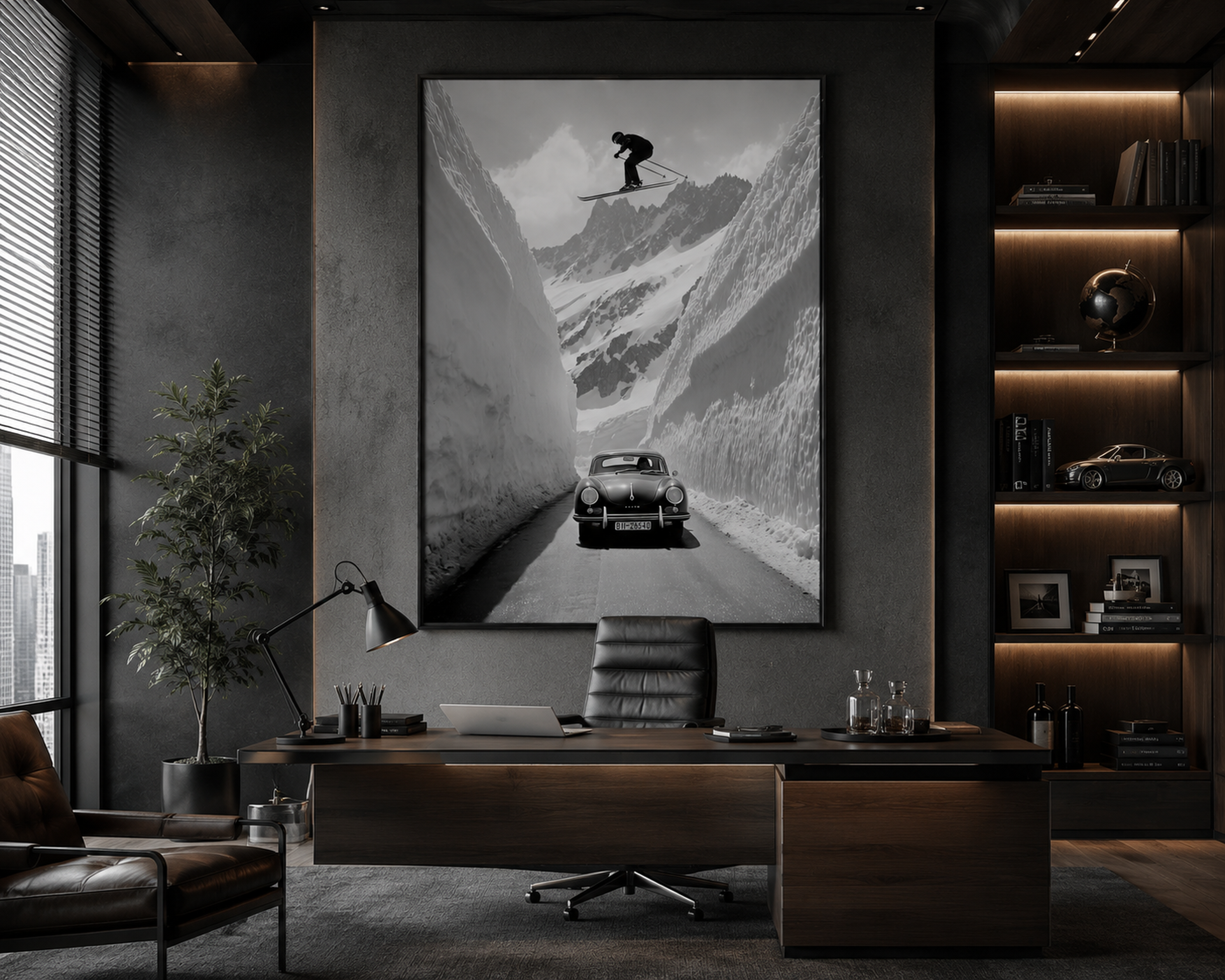 Alpine Ski Wall Art, Black and White Ski Poster, Vintage Car Mountain Print, Framed Canvas Wall Decor, Luxury Ski Lodge Artwork