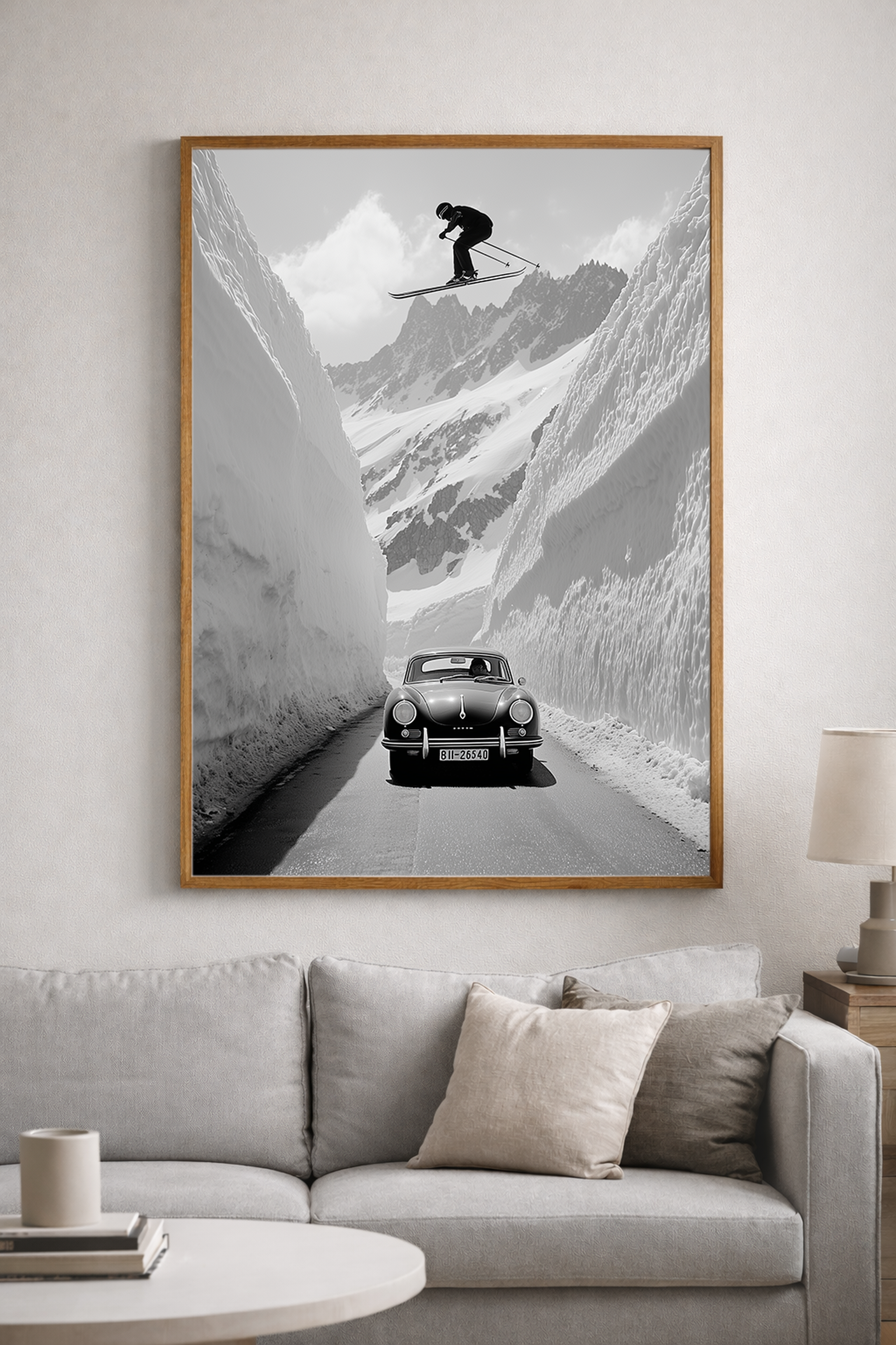 Alpine Ski Wall Art, Black and White Ski Poster, Vintage Car Mountain Print, Framed Canvas Wall Decor, Luxury Ski Lodge Artwork