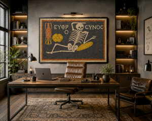 Ancient Roman Mosaic Framed Canvas, Skeleton Wine Wall Art, “Be Cheerful Enjoy Your Life” Decor