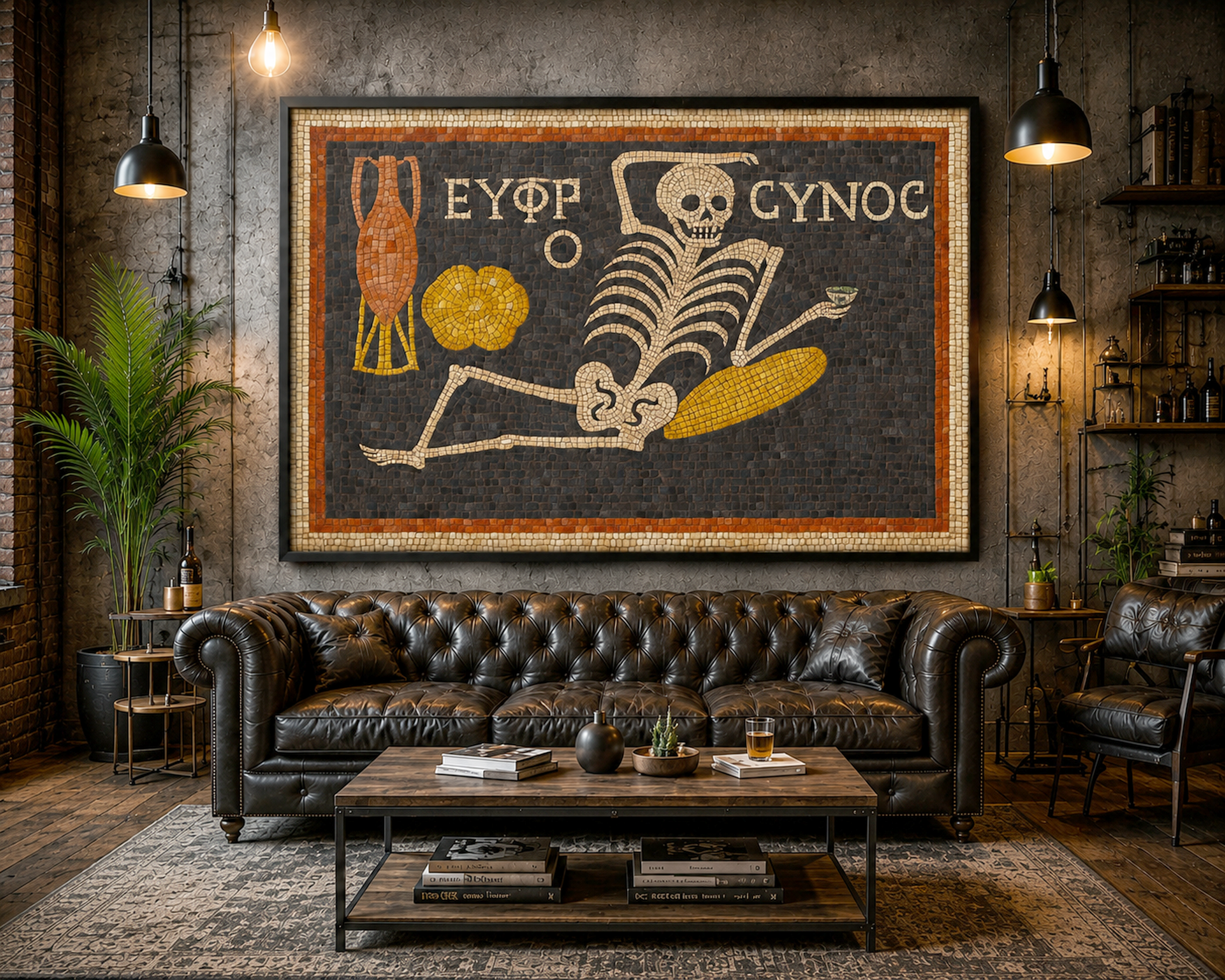 Ancient Roman Mosaic Framed Canvas, Skeleton Wine Wall Art, “Be Cheerful Enjoy Your Life” Decor