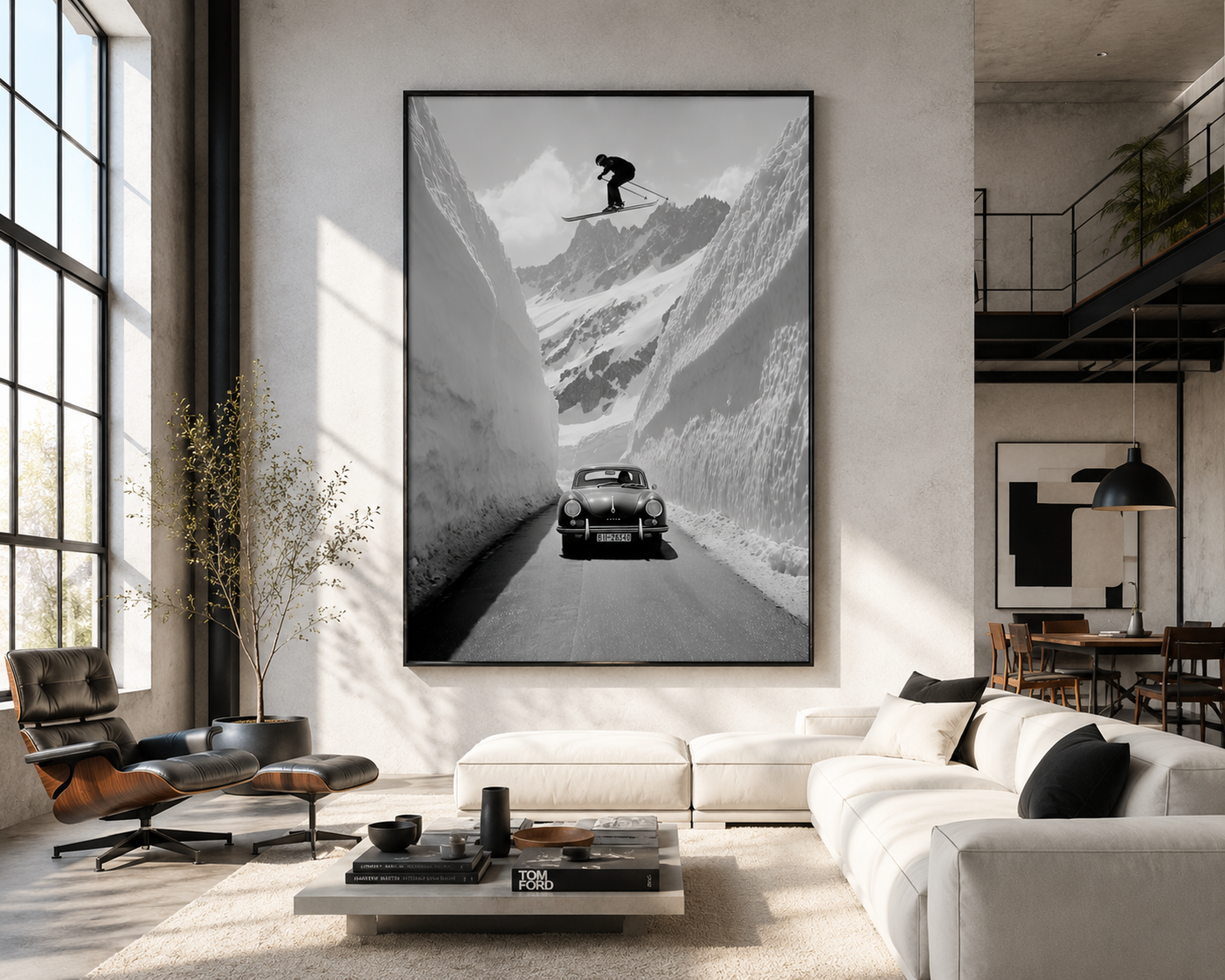 Alpine Ski Wall Art, Black and White Ski Poster, Vintage Car Mountain Print, Framed Canvas Wall Decor, Luxury Ski Lodge Artwork