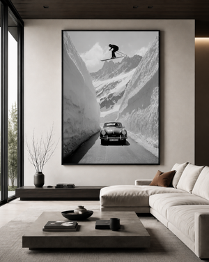 Alpine Ski Wall Art, Black and White Ski Poster, Vintage Car Mountain Print, Framed Canvas Wall Decor, Luxury Ski Lodge Artwork