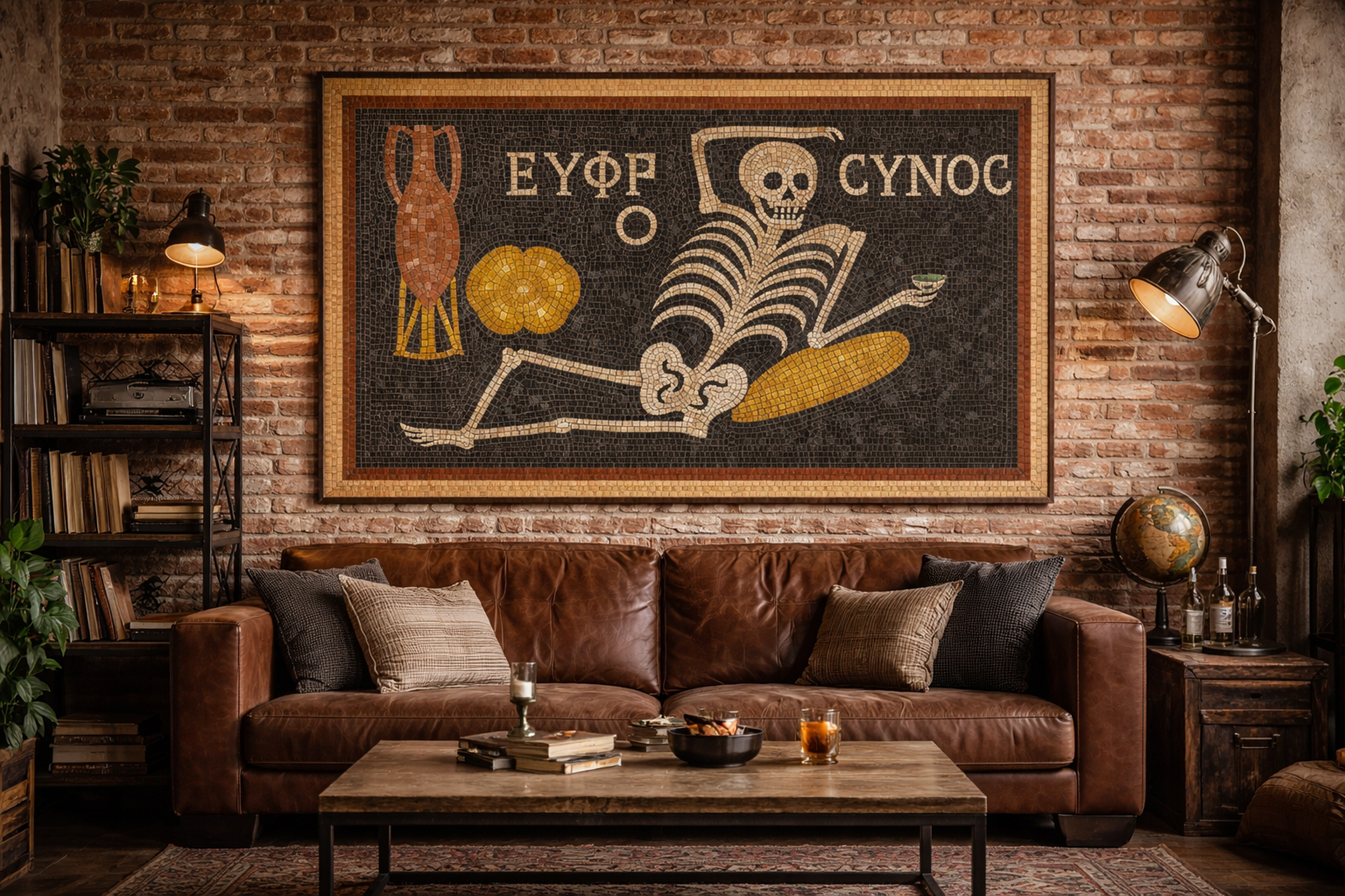 Ancient Roman Mosaic Framed Canvas, Skeleton Wine Wall Art, “Be Cheerful Enjoy Your Life” Decor