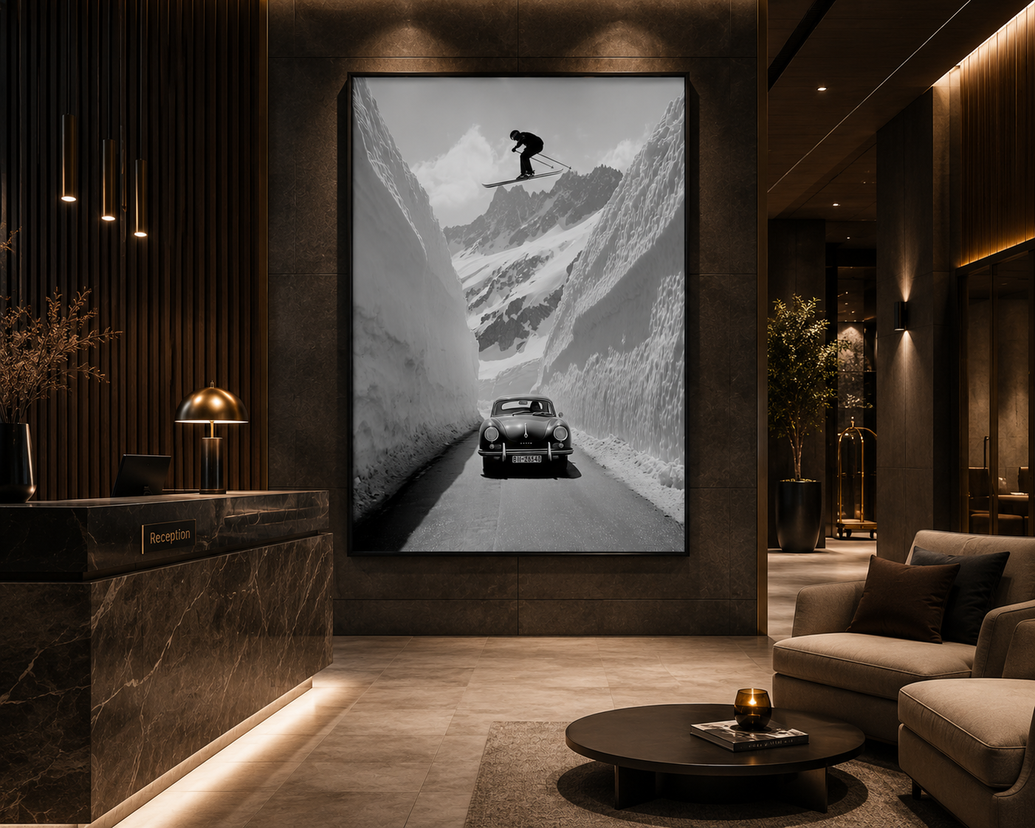 Alpine Ski Wall Art, Black and White Ski Poster, Vintage Car Mountain Print, Framed Canvas Wall Decor, Luxury Ski Lodge Artwork
