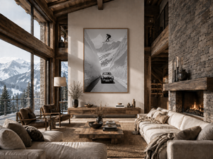 Alpine Ski Wall Art, Black and White Ski Poster, Vintage Car Mountain Print, Framed Canvas Wall Decor, Luxury Ski Lodge Artwork