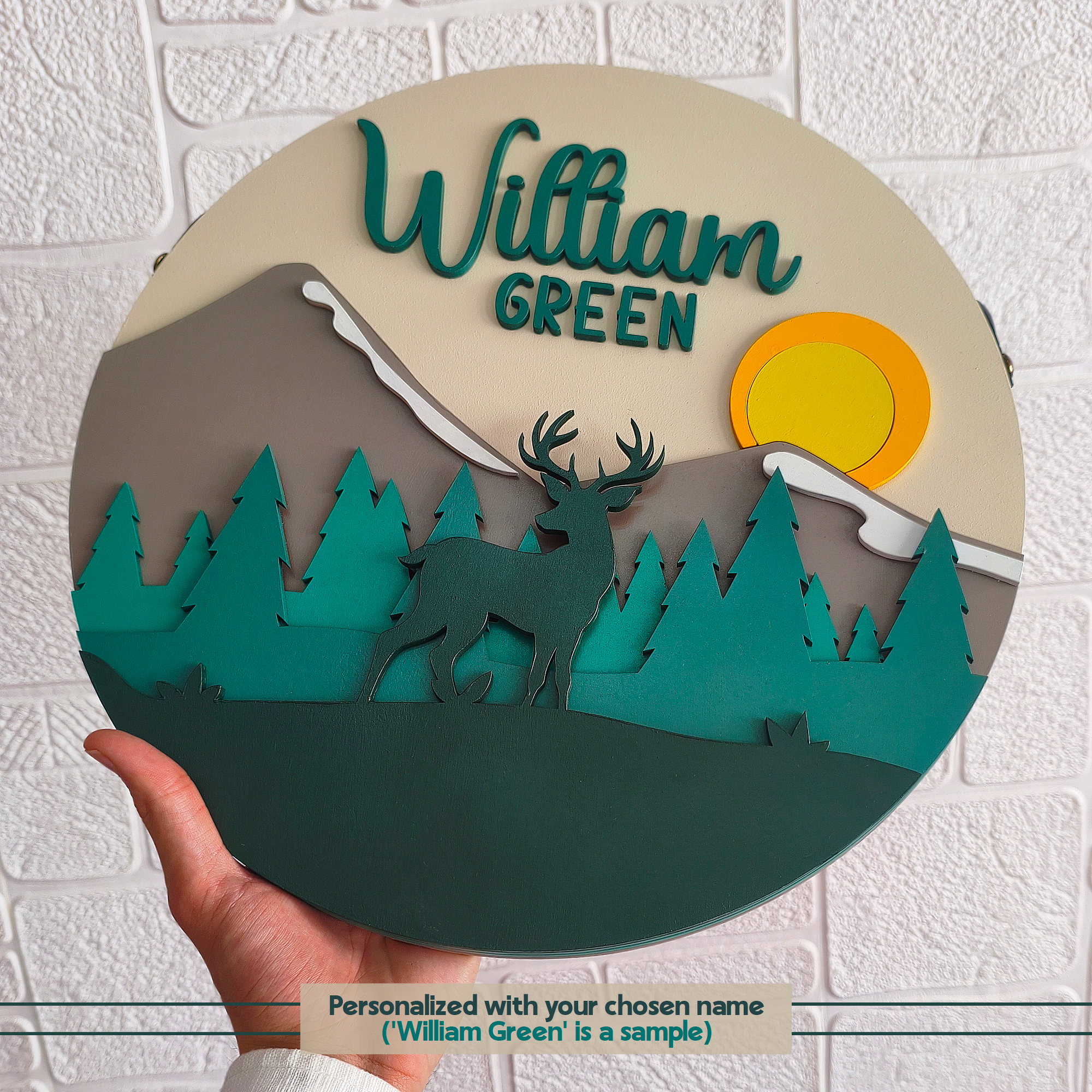 Personalized Wooden Name Sign for Nursery – Mountain & Deer Wall Decor