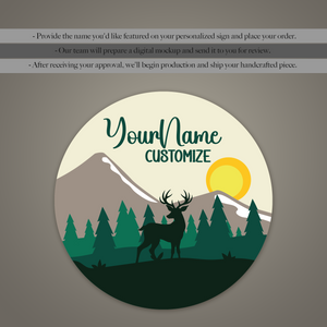 Personalized Wooden Name Sign for Nursery – Mountain & Deer Wall Decor