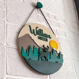 Personalized Wooden Name Sign for Nursery – Mountain & Deer Wall Decor