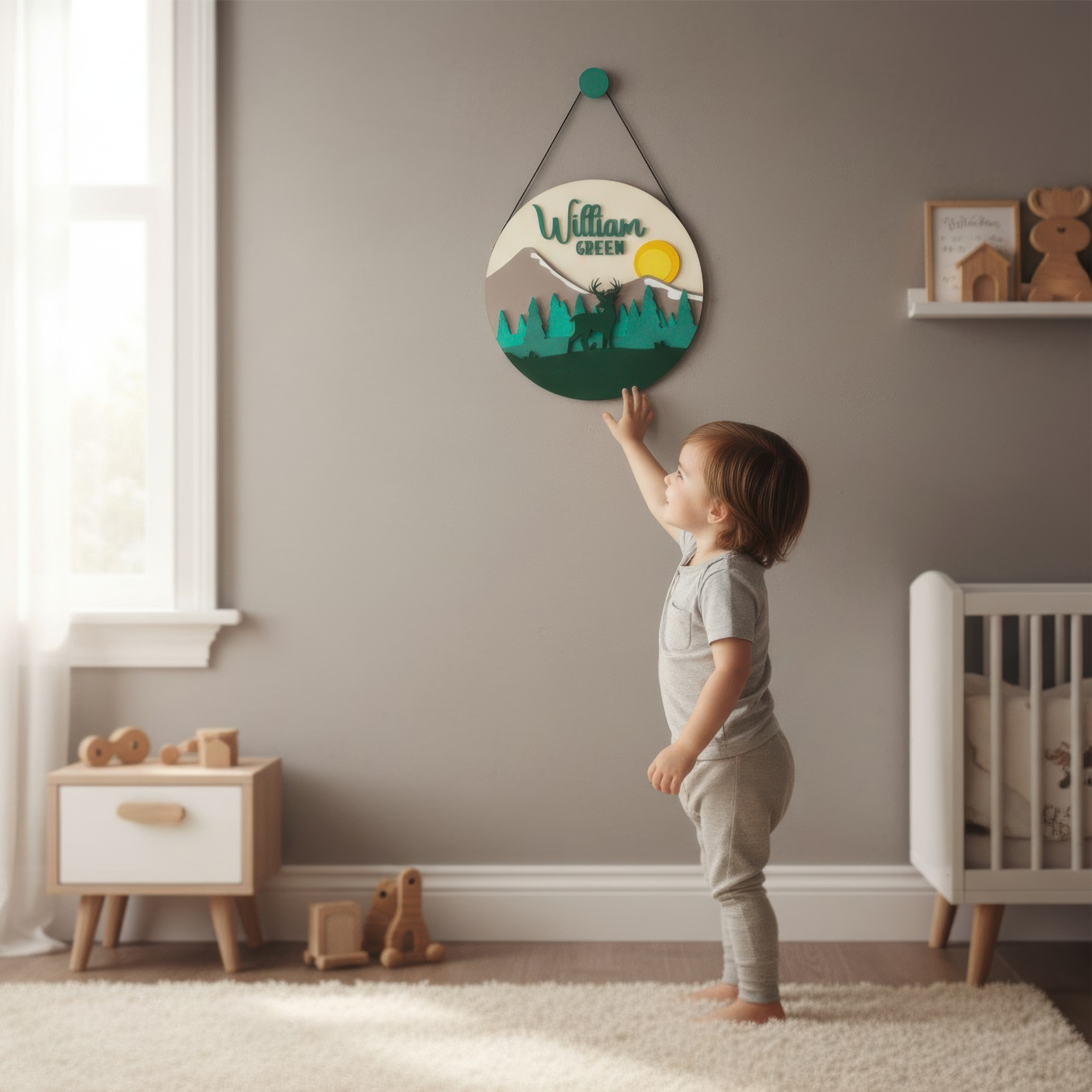 Personalized Wooden Name Sign for Nursery – Mountain & Deer Wall Decor